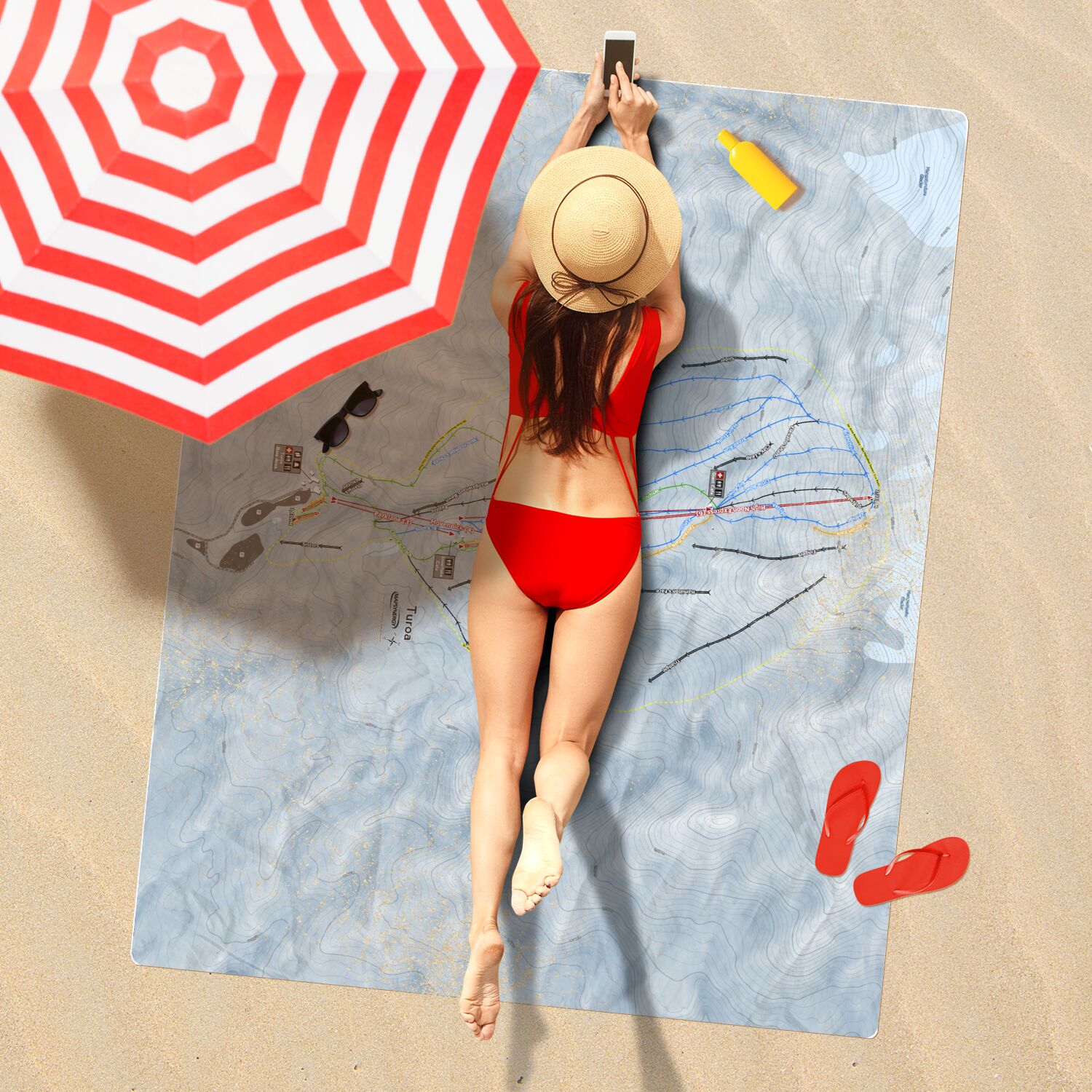 Turoa, New Zealand Ski Resort Map Printed Beach Towel