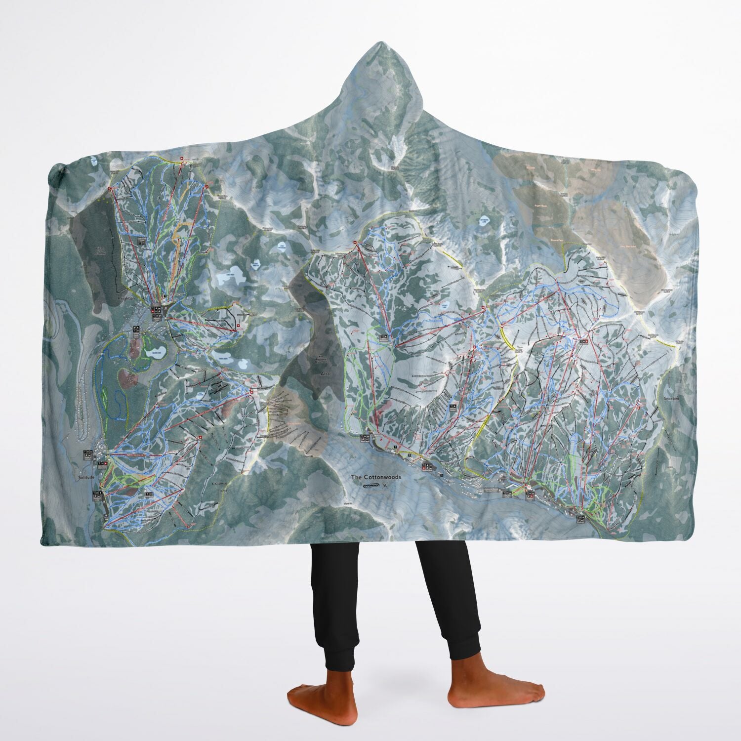 The Cottonwoods, Utah Ski Trail Map - Youth Hooded Blanket