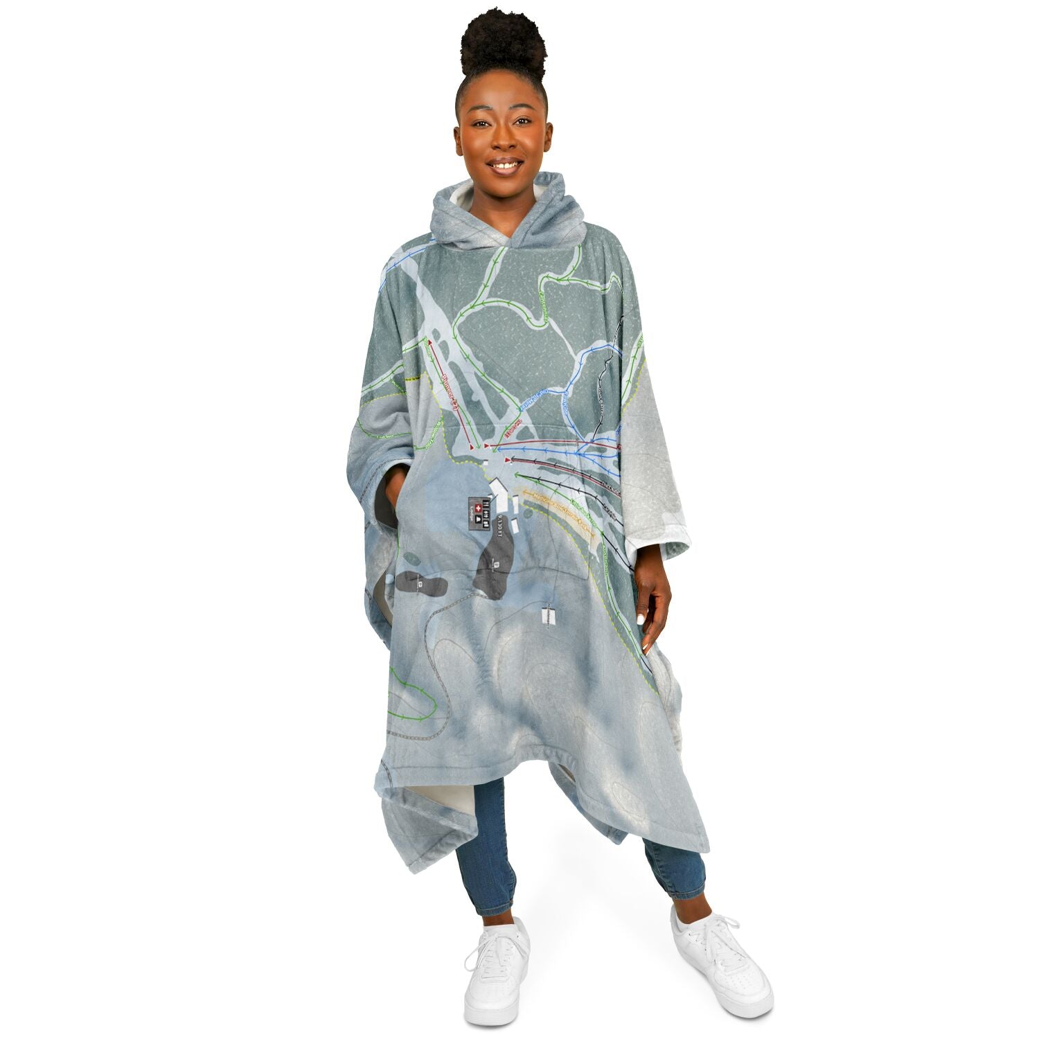 Snowy Range, Wyoming Ski Resort Map Flannel Blanket Poncho