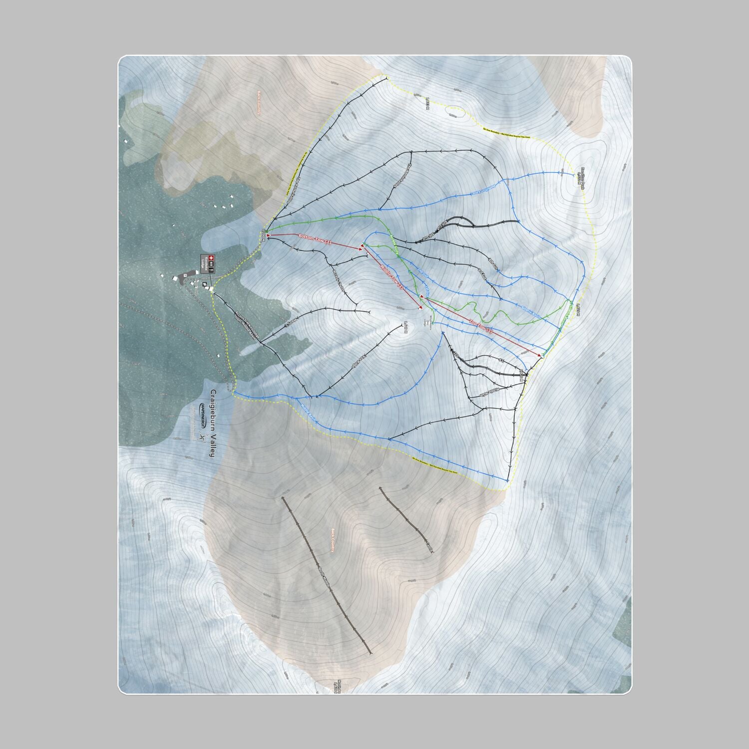 Craigieburn Valley, New Zealand Ski Resort Map Printed Beach Towel