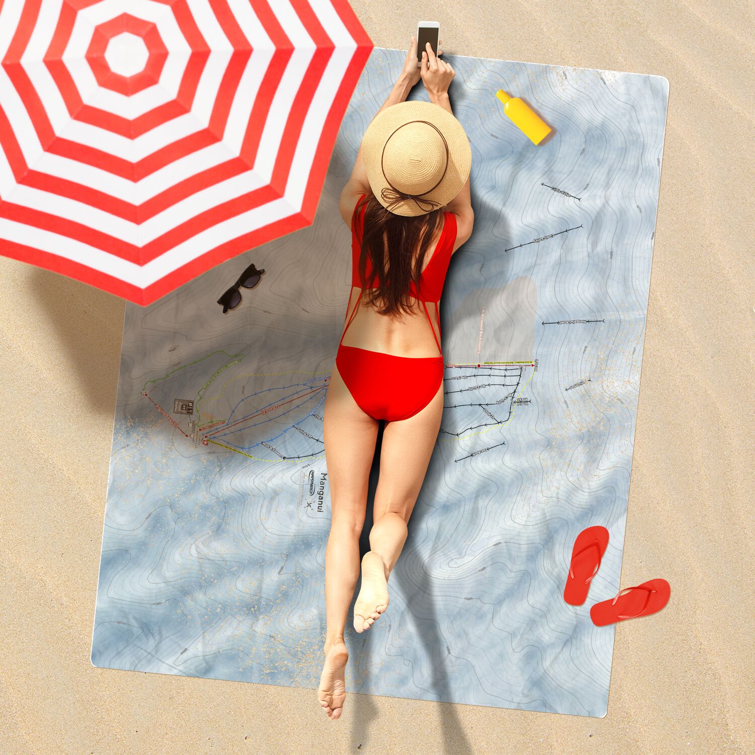 Manganui, New Zealand Ski Resort Map Printed Beach Towel