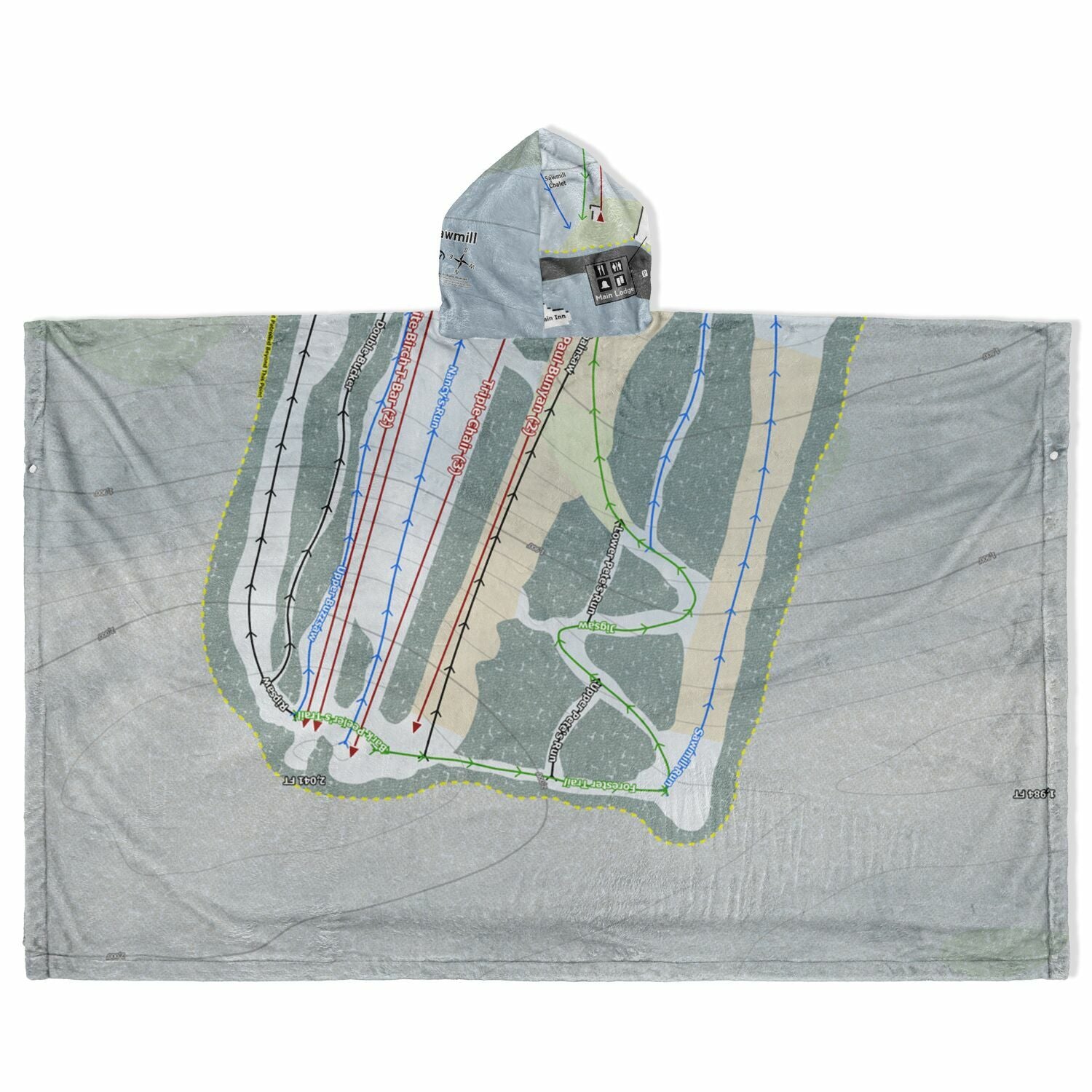 Ski Sawmill, Pennsylvania Ski Resort Map Flannel Blanket Poncho