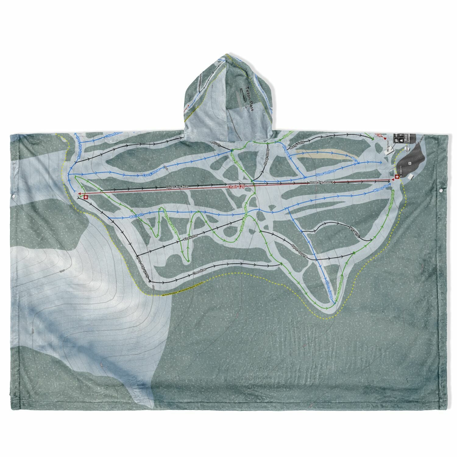 Teton Pass, Montana Ski Resort Map Flannel Blanket Poncho