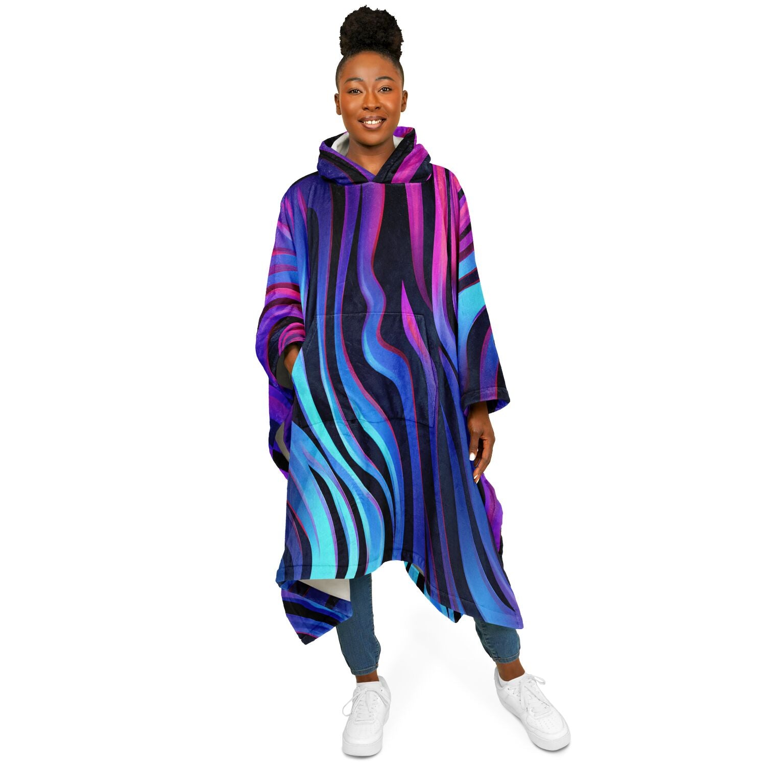 Neon Fluid Waves, Flannel Blanket Poncho