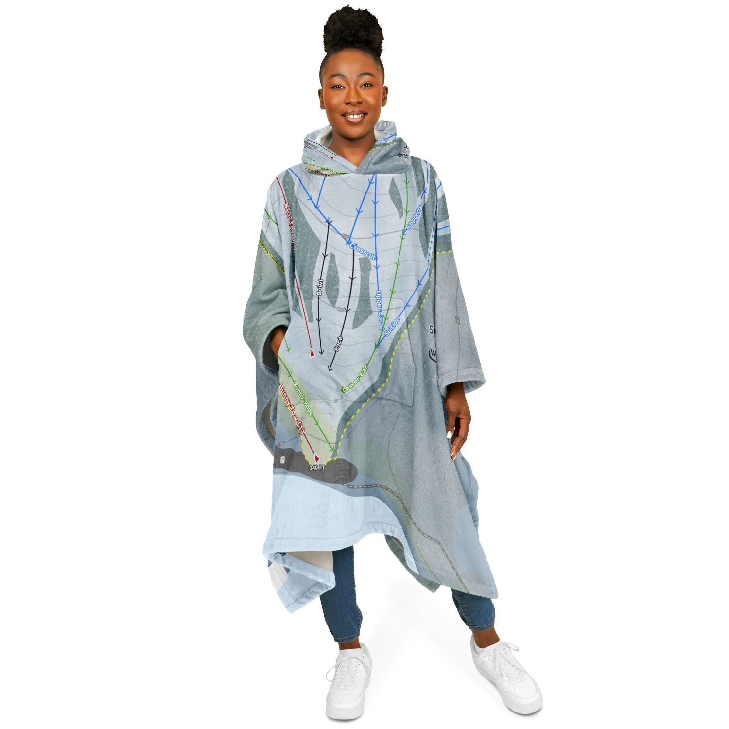 Spruce Mountain, Maine Ski Resort Map Flannel Blanket Poncho