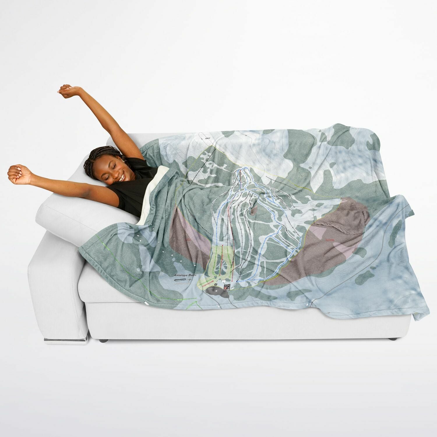 Antelope Butte, Wyoming Ski Resort Map Flannel Blanket Poncho