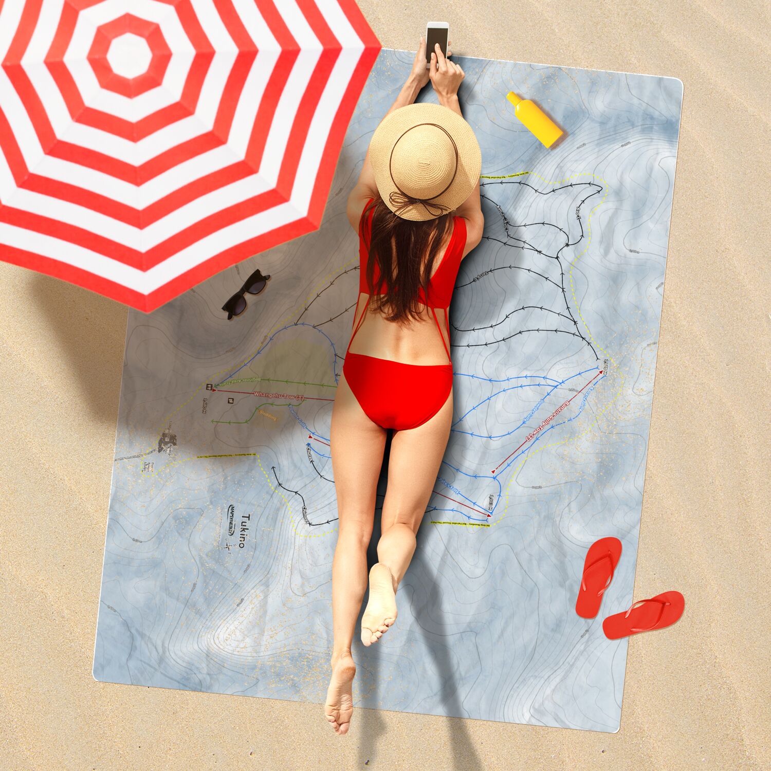 Tukino, New Zealand Ski Resort Map Printed Beach Towel