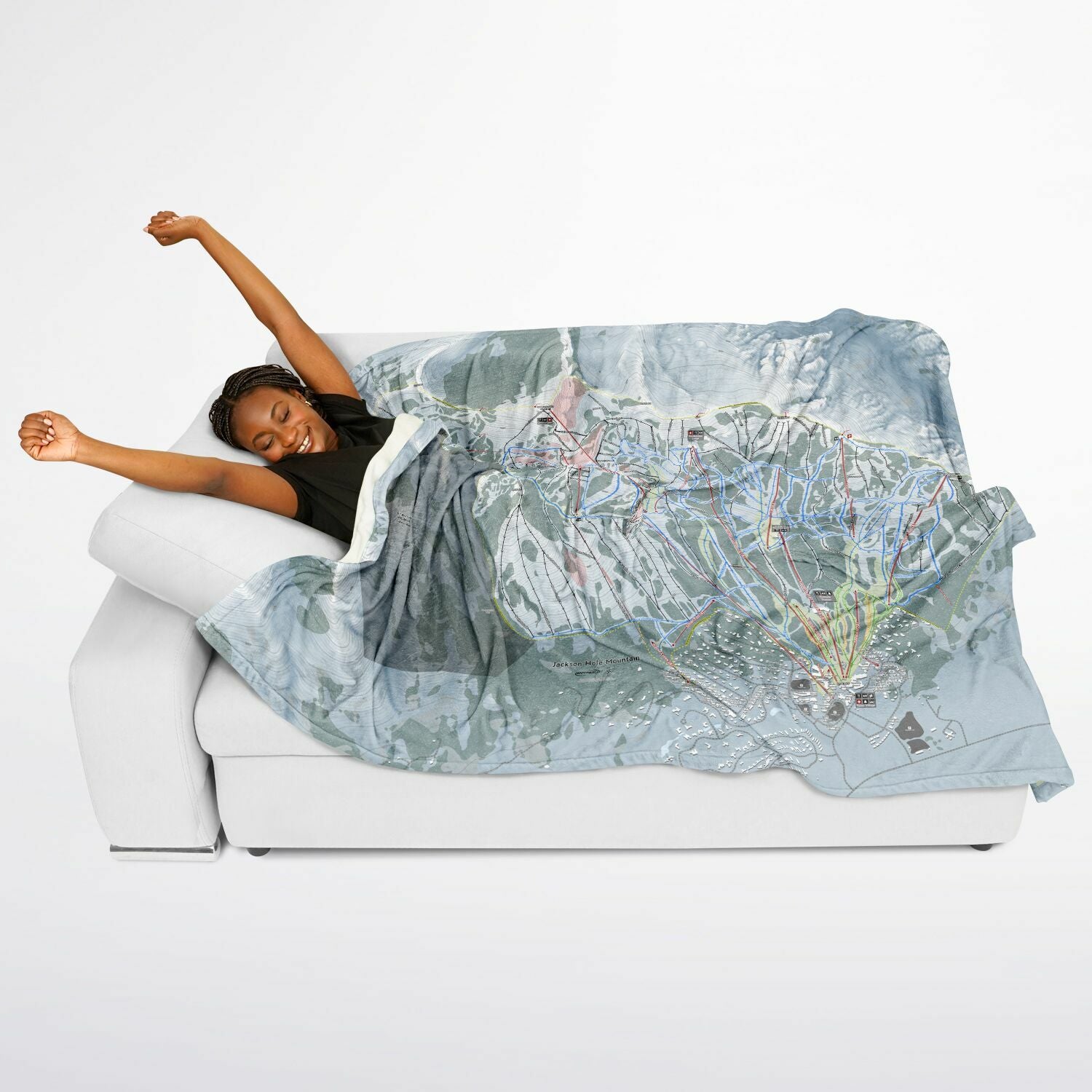 Jackson Hole Mountain, Wyoming Ski Resort Map Flannel Blanket Poncho