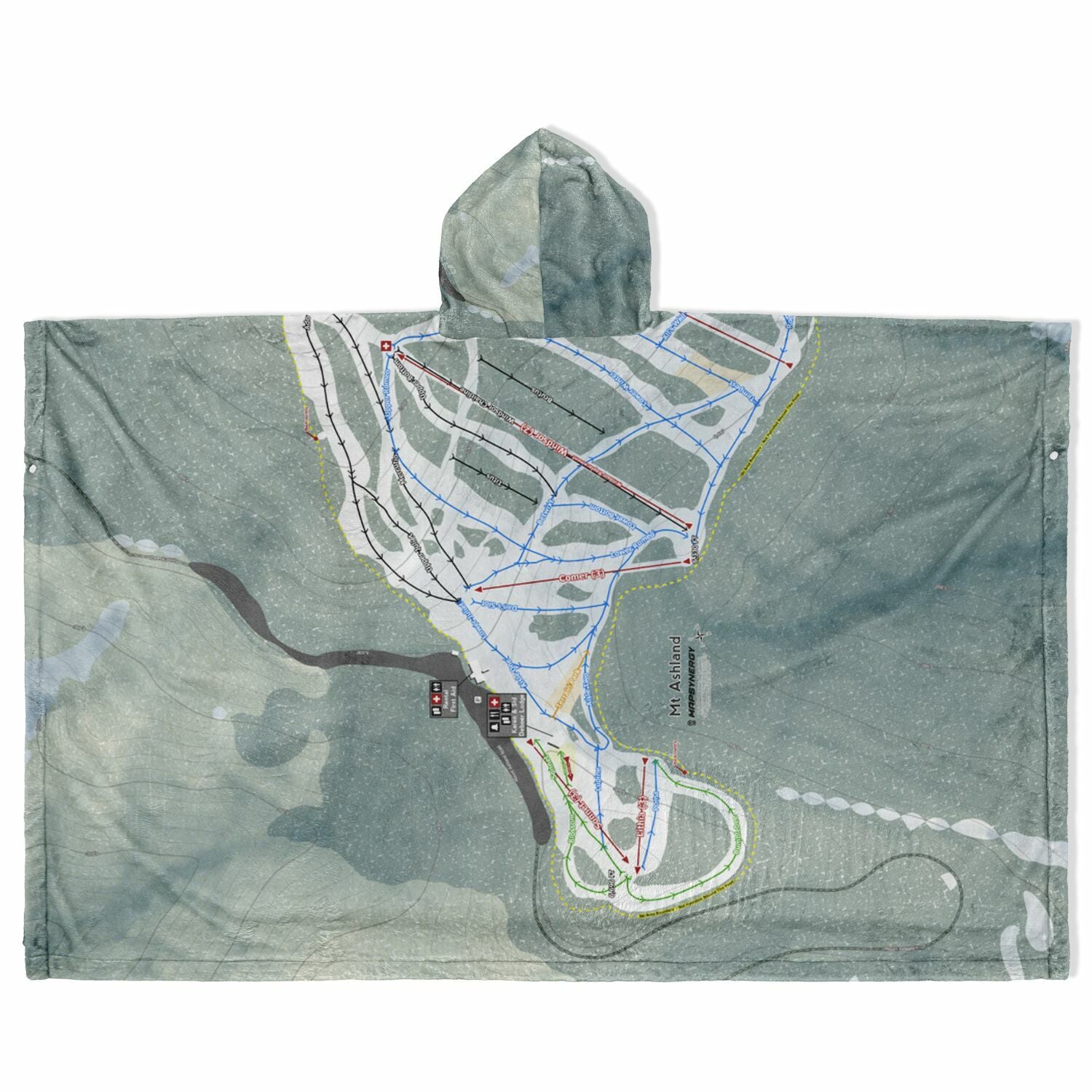 Mt Ashland, Oregon Ski Resort Map Flannel Blanket Poncho