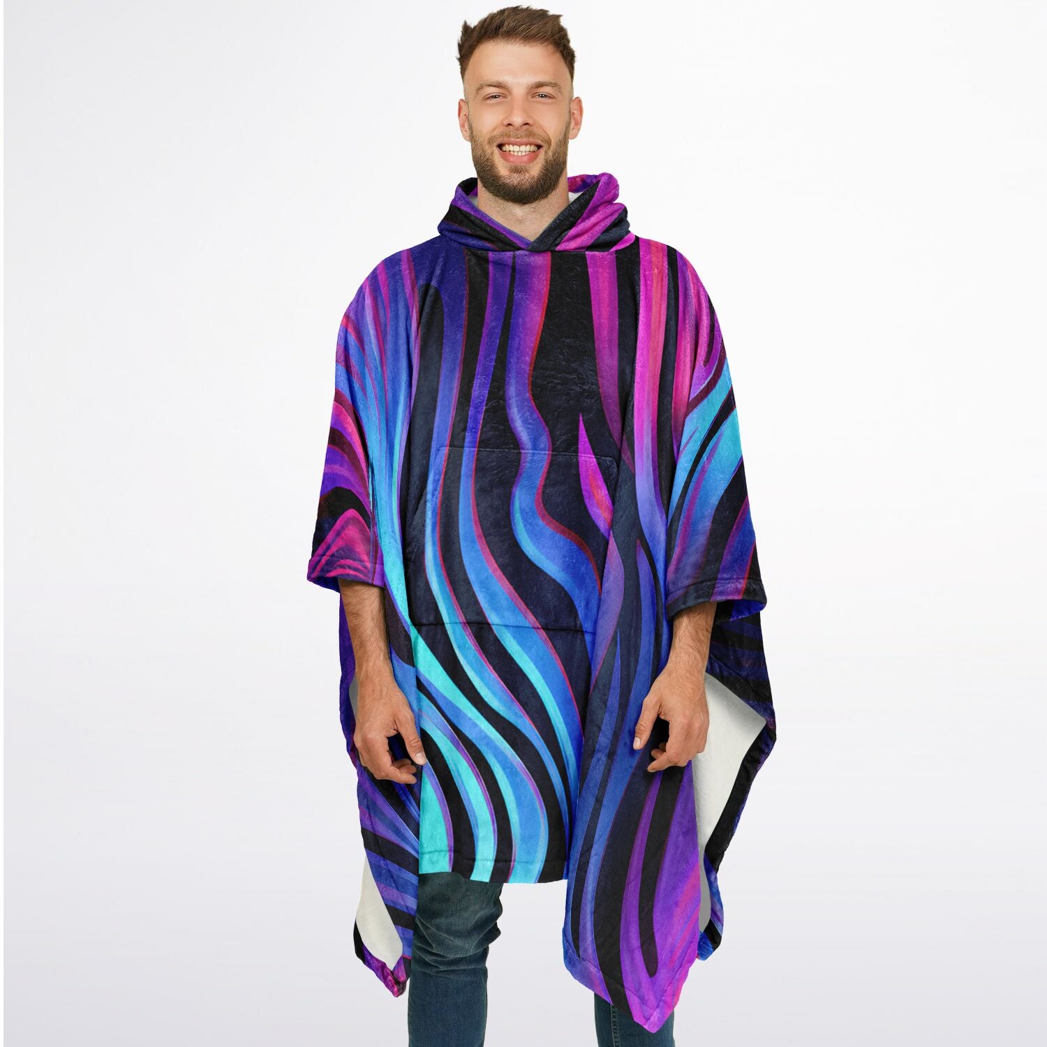 Neon Fluid Waves, Flannel Blanket Poncho