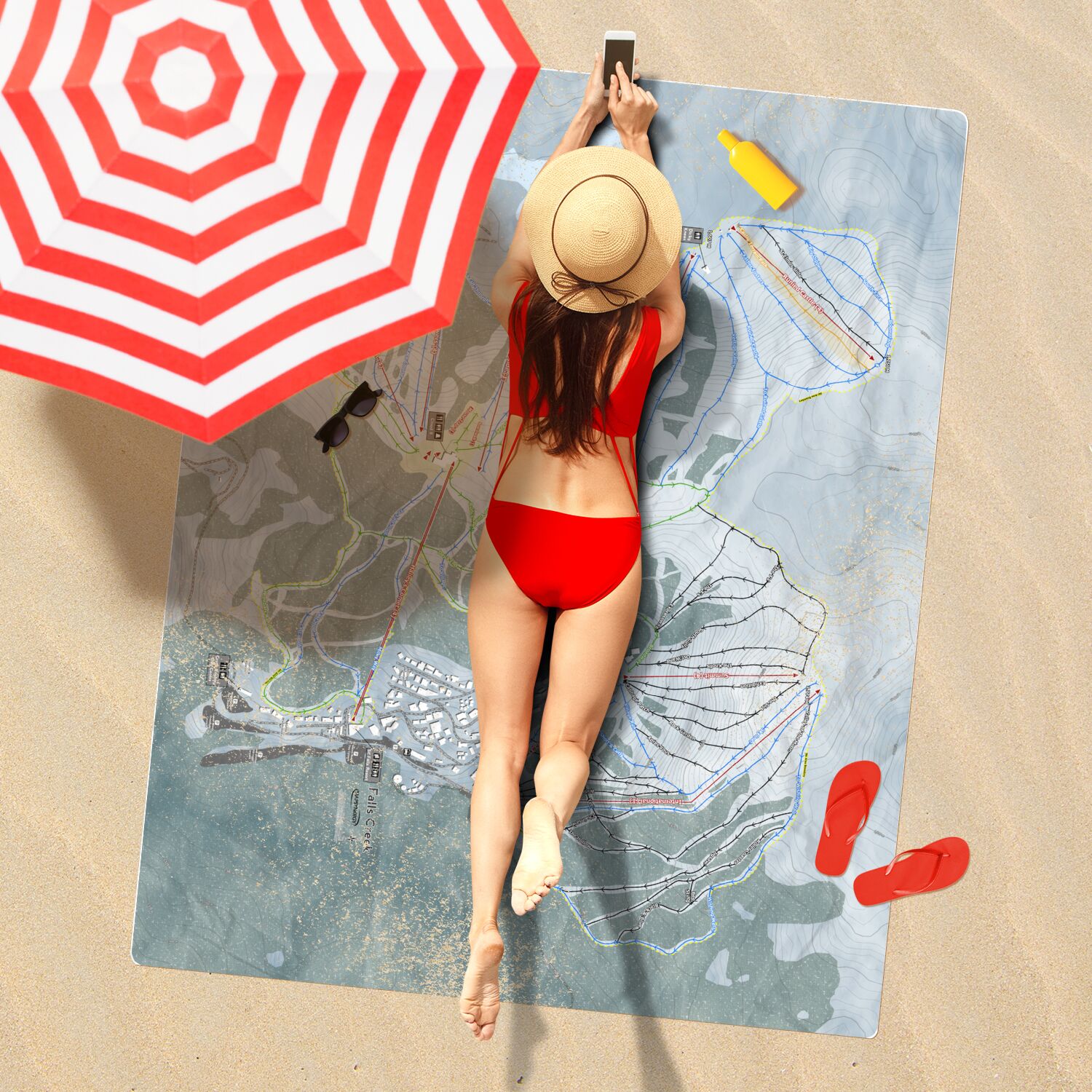 Falls Creek, Australia Ski Resort Map Printed Beach Towel