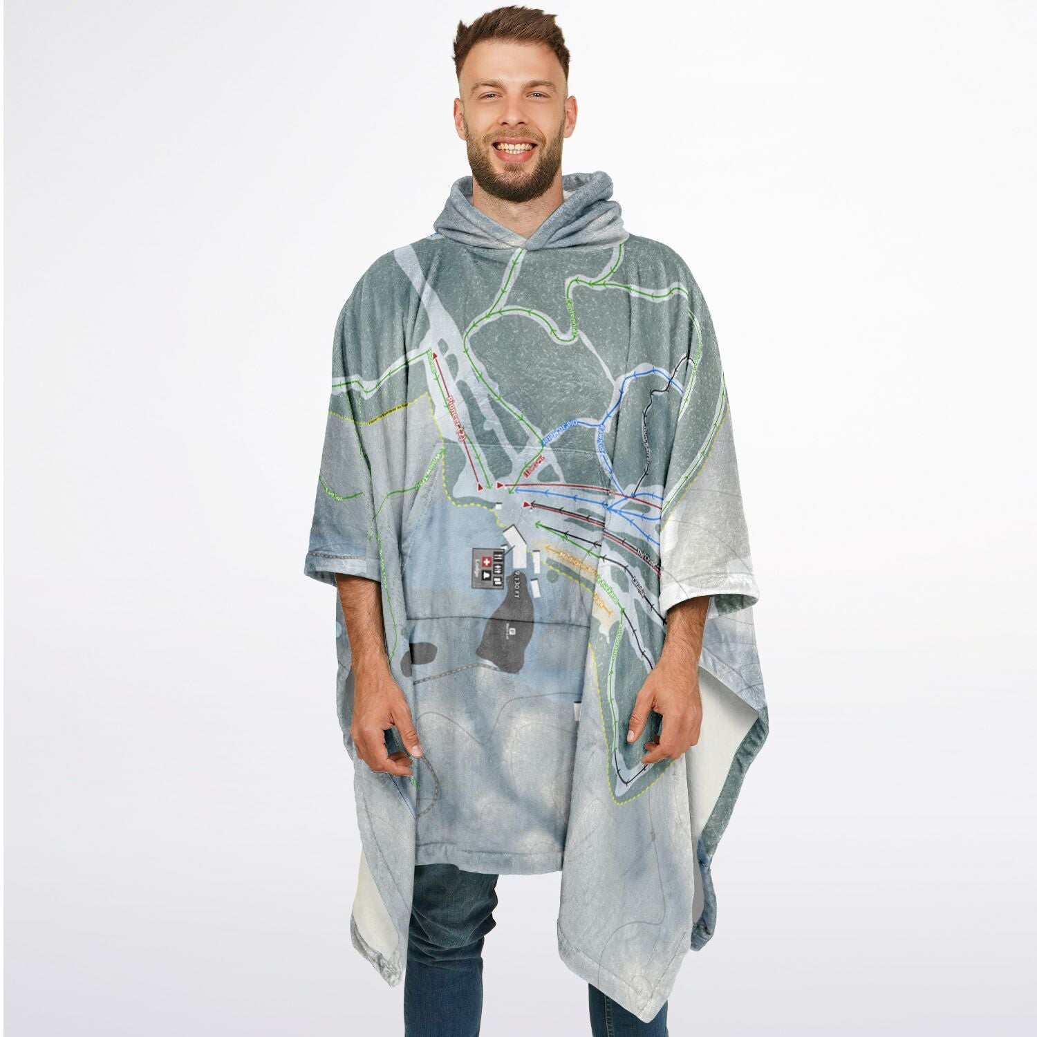 Snowy Range, Wyoming Ski Resort Map Flannel Blanket Poncho