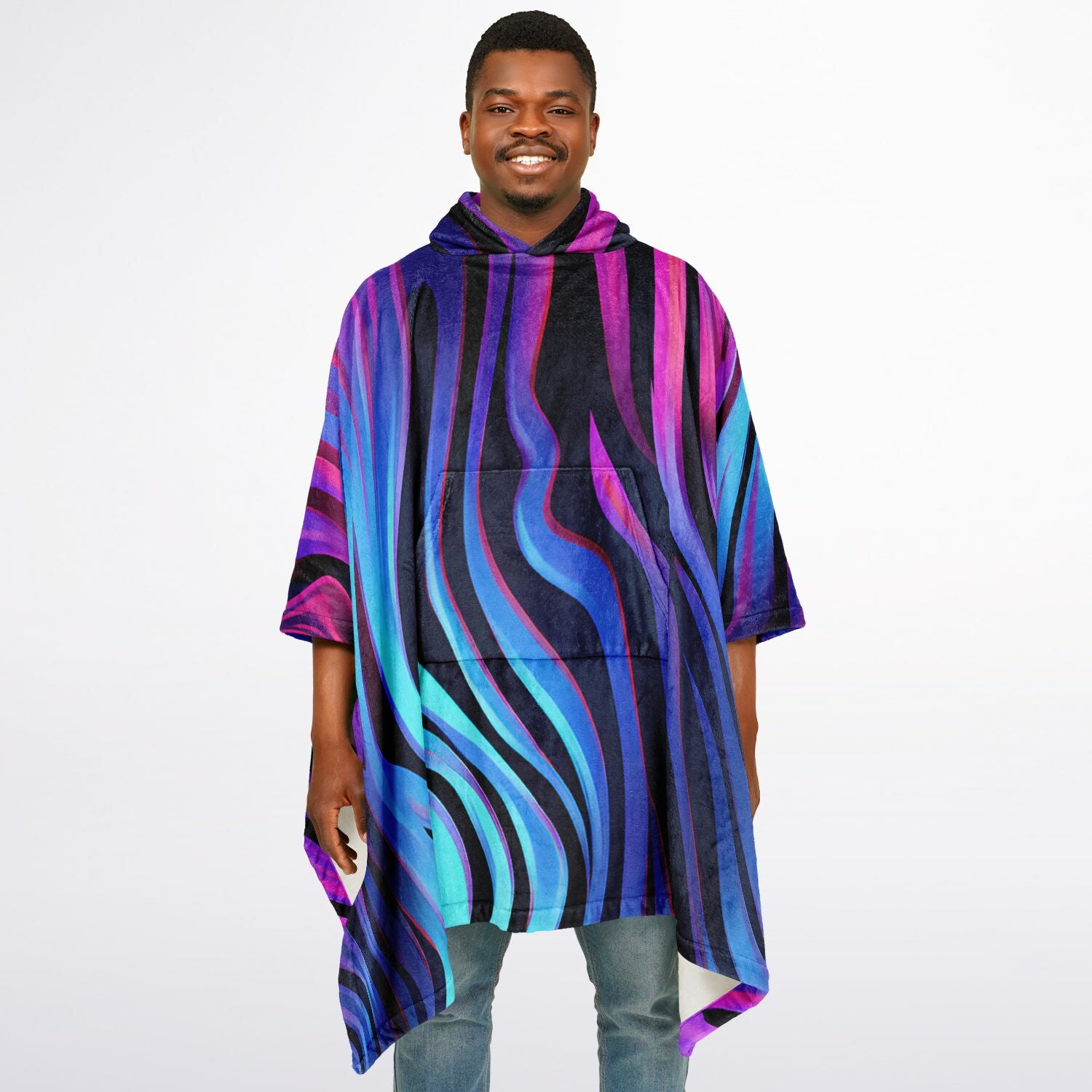 Neon Fluid Waves, Flannel Blanket Poncho
