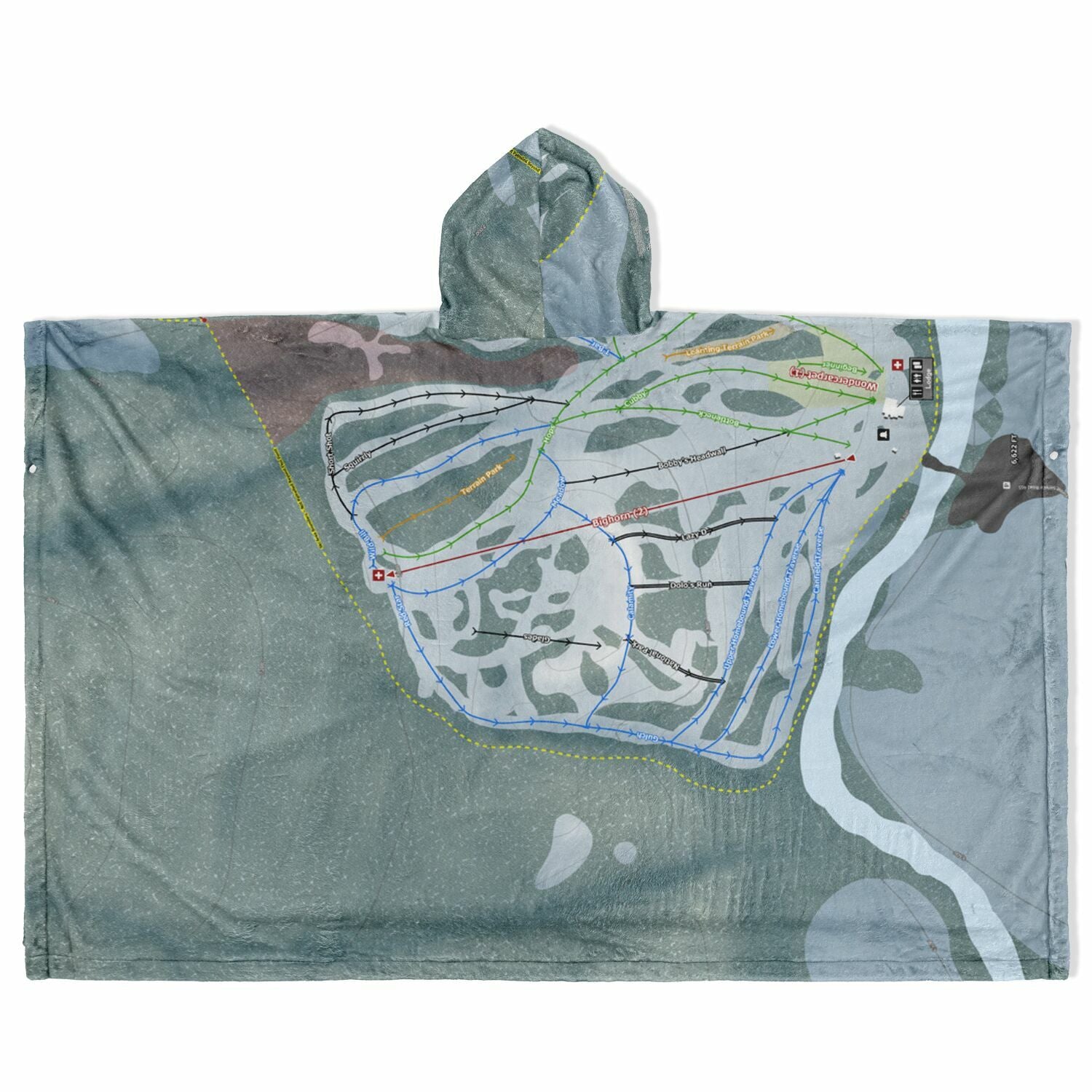 Sleeping Giant, Wyoming Ski Resort Map Flannel Blanket Poncho