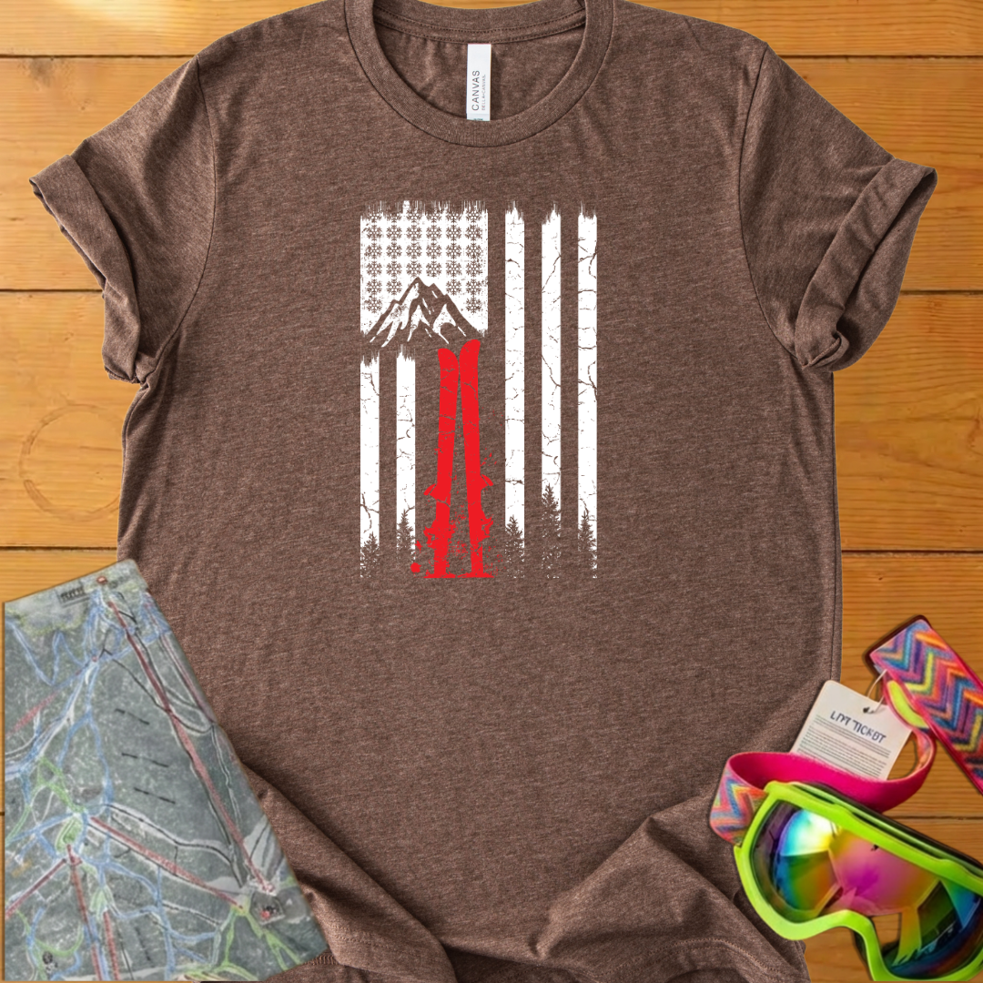 Vintage Ski Flag Graphic T-Shirt – Retro Mountain Skiing