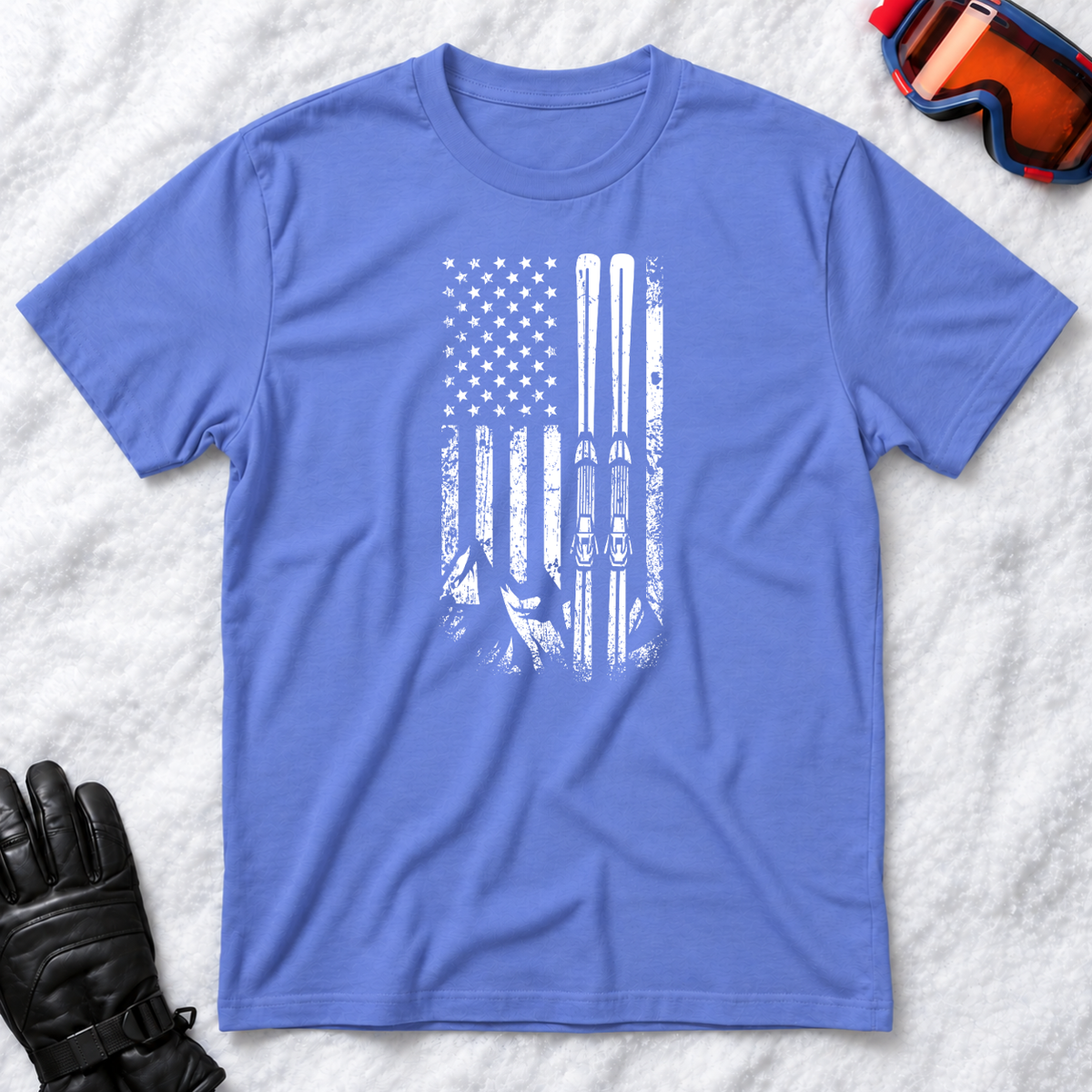 American Flag Skiing – Vintage Distressed Ski Graphic T-Shirt