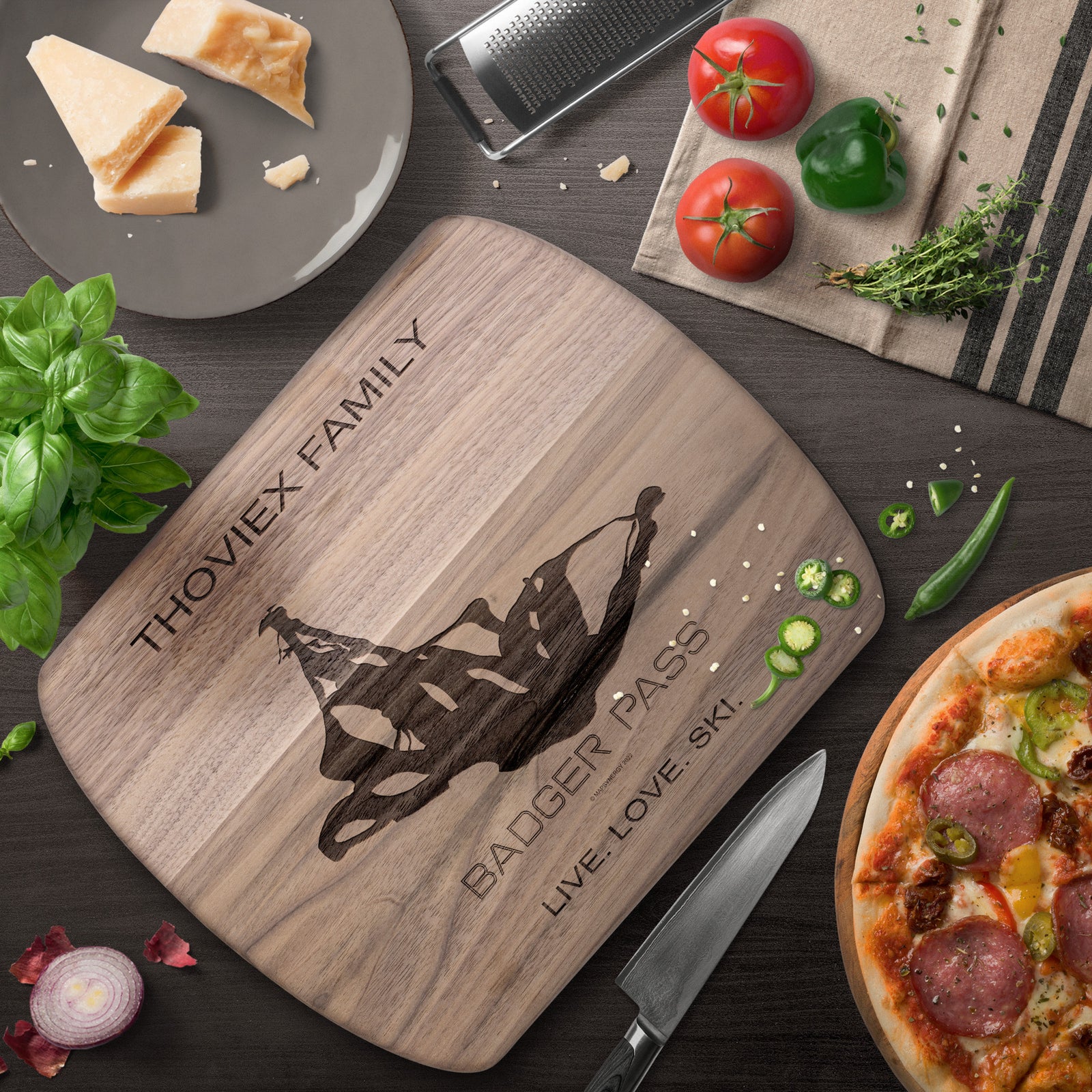 PERSONALIZED BADGER PASS , CALIFORNIA SKI TRAIL MAP CUTTING BOARD