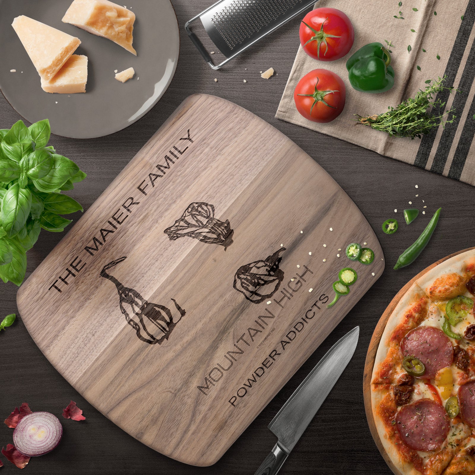 PERSONALIZED MOUNTAIN HIGH, CALIFORNIA SKI TRAIL MAP CUTTING BOARD
