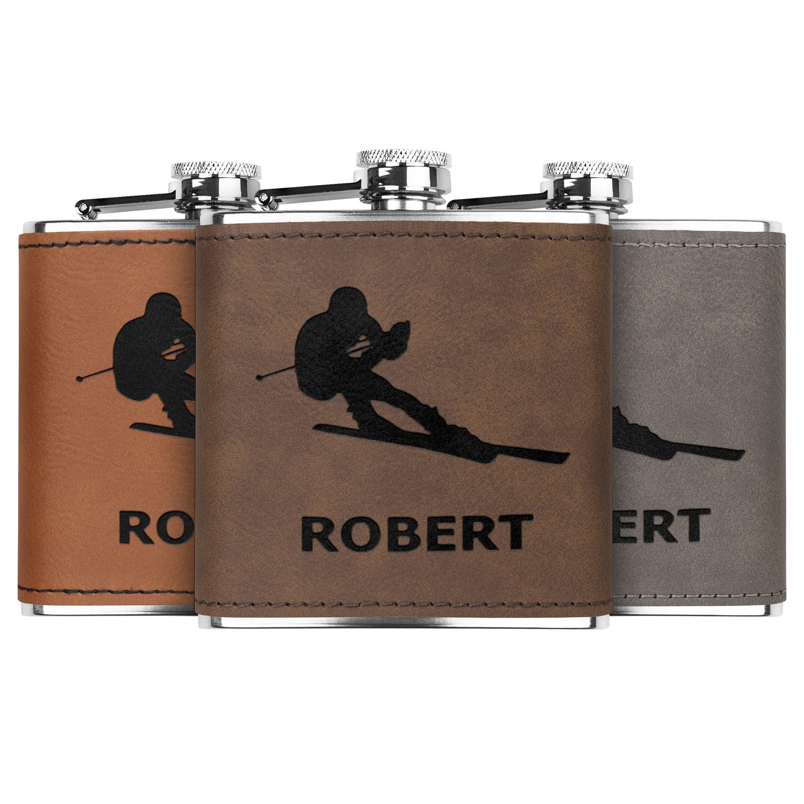 SKIING FLASKS WITH HAND DYED ENGRAVED LEATHER WRAP - STAINLESS STEEL FLASK