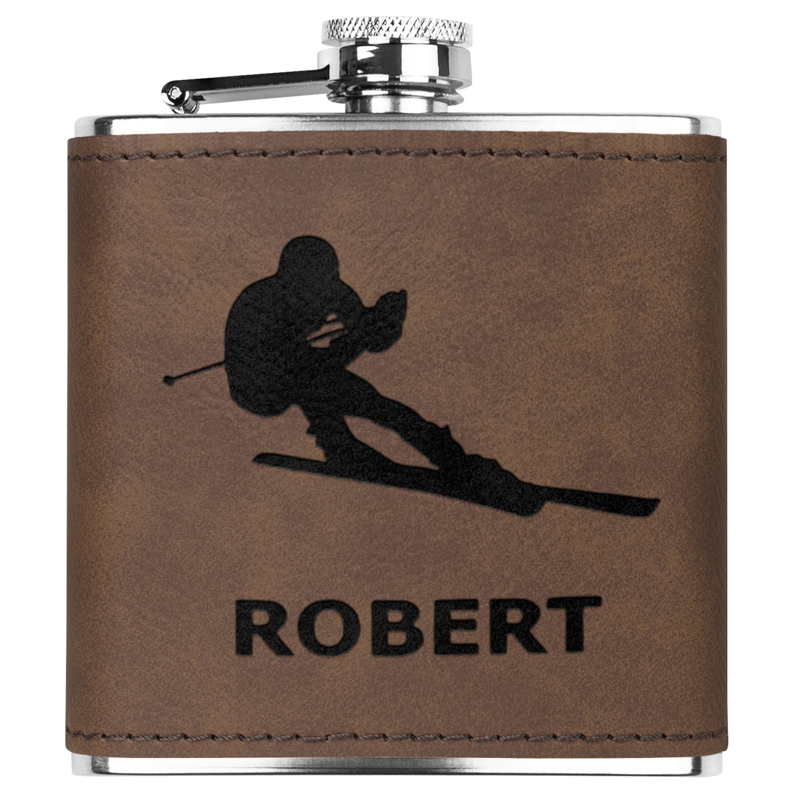 SKIING FLASKS WITH HAND DYED ENGRAVED LEATHER WRAP - STAINLESS STEEL FLASK