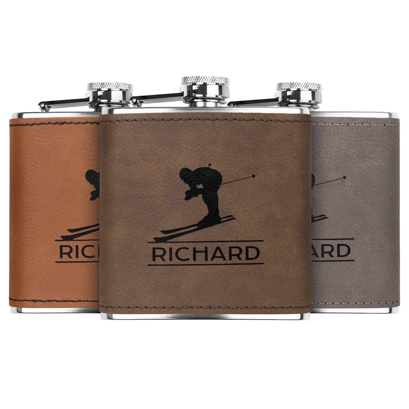 Ski FLASKS WITH HAND DYED ENGRAVED LEATHER WRAP - STAINLESS STEEL FLASK