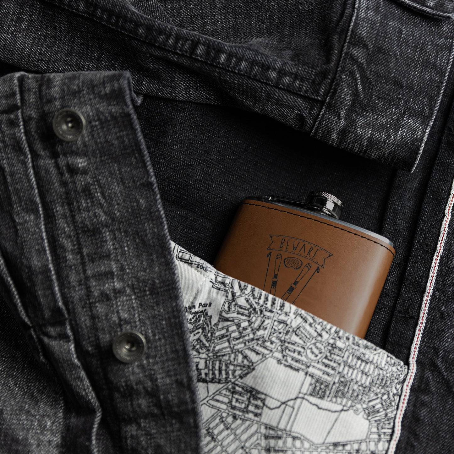 Ski FLASKS WITH HAND DYED ENGRAVED LEATHER WRAP - STAINLESS STEEL FLASK