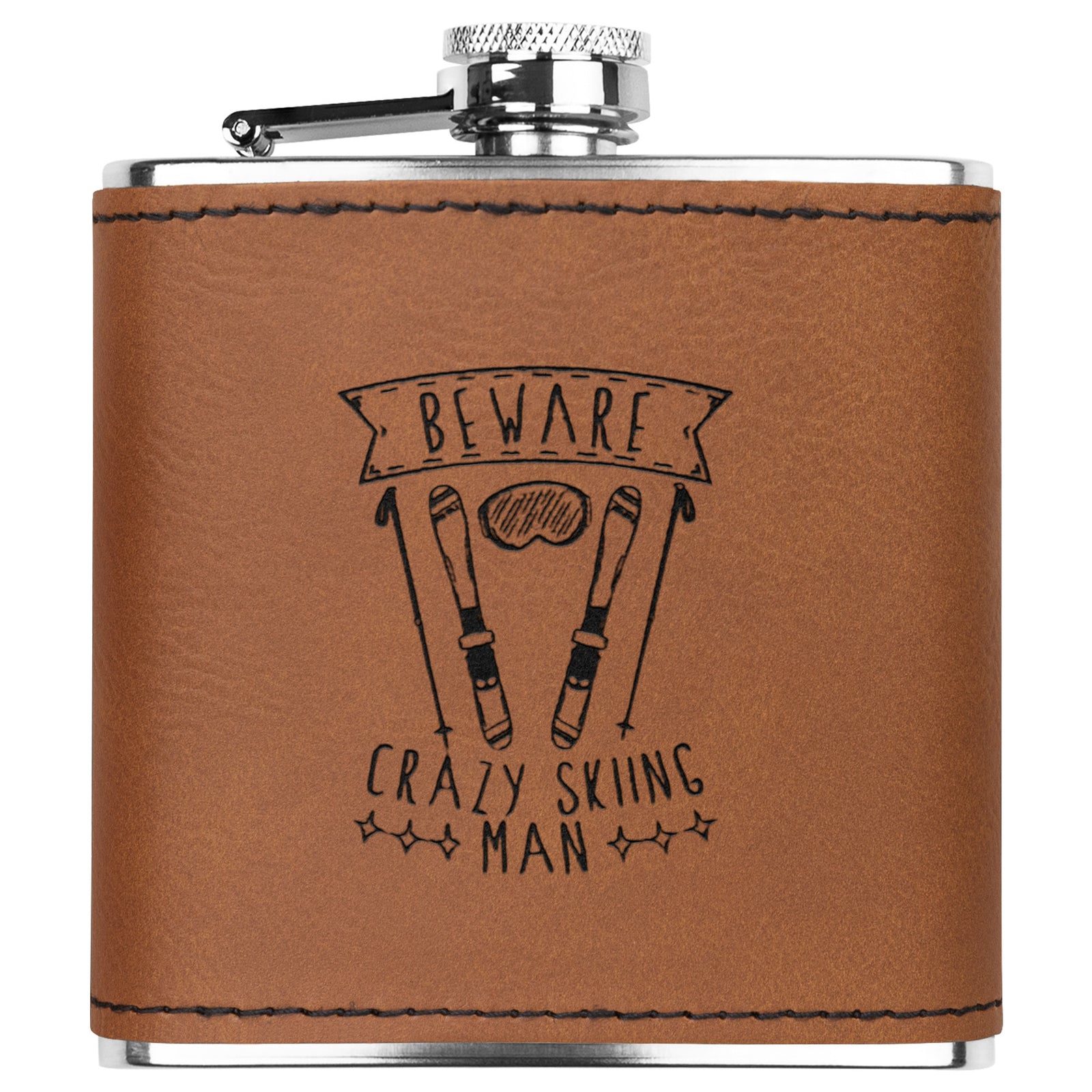 Ski FLASKS WITH HAND DYED ENGRAVED LEATHER WRAP - STAINLESS STEEL FLASK