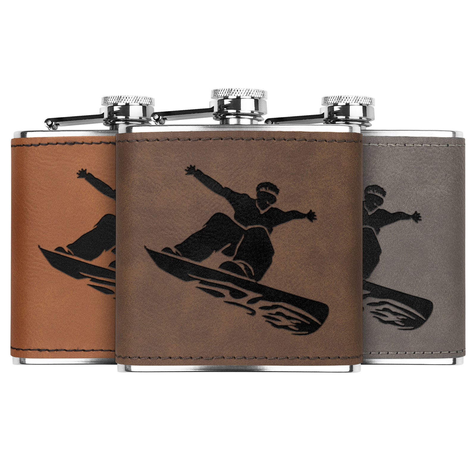 Snowboard Flasks with Hand Dyed Engraved Leather Wrap - FREE Monogramming