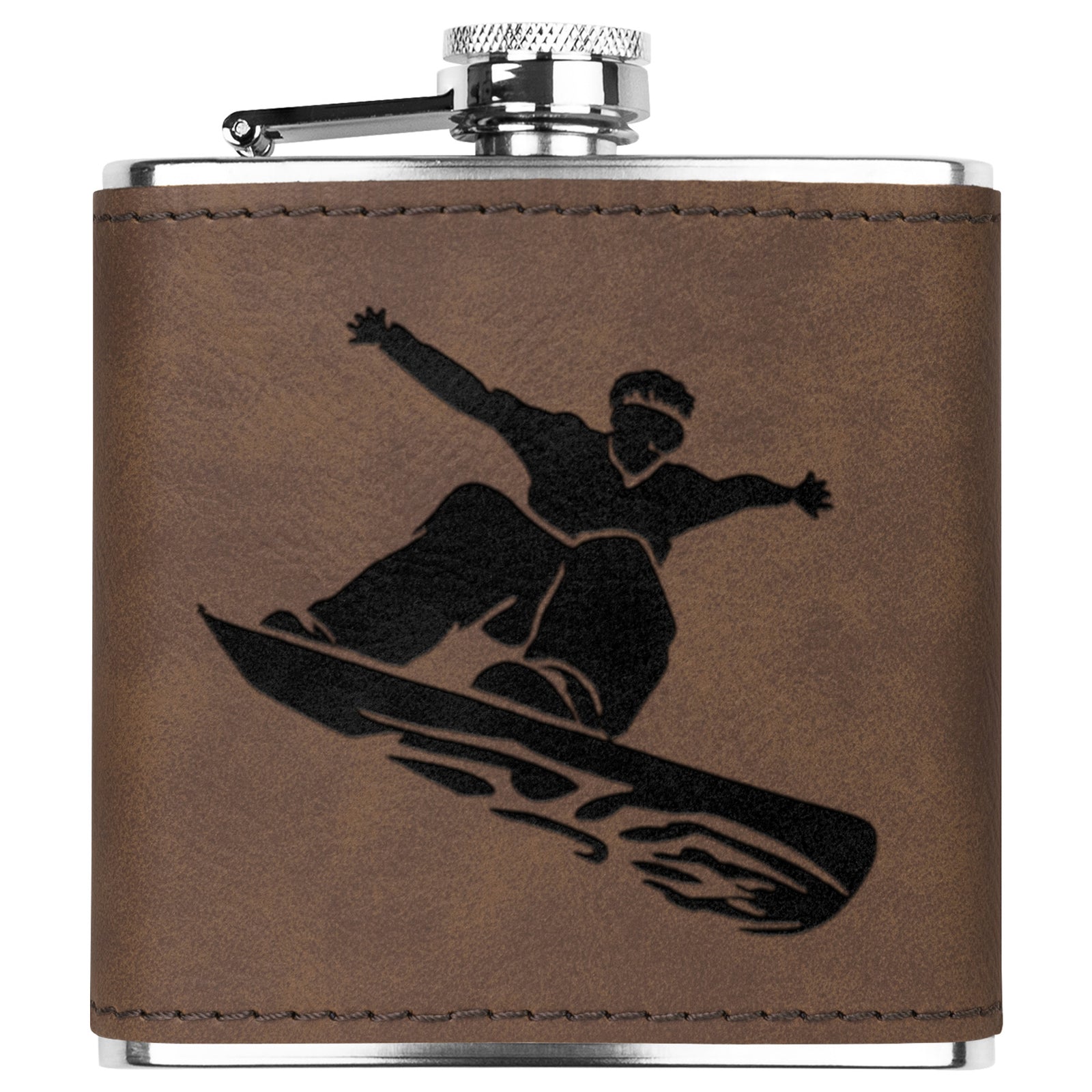Snowboard Flasks with Hand Dyed Engraved Leather Wrap - FREE Monogramming