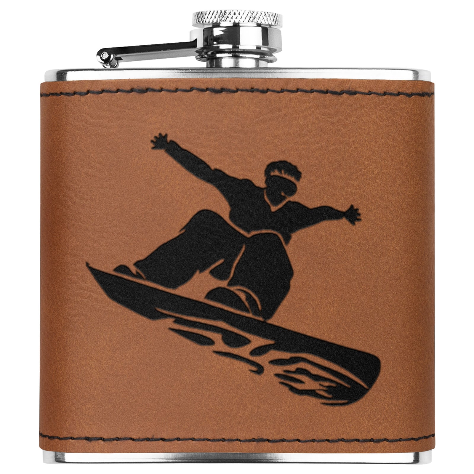 Snowboard Flasks with Hand Dyed Engraved Leather Wrap - FREE Monogramming