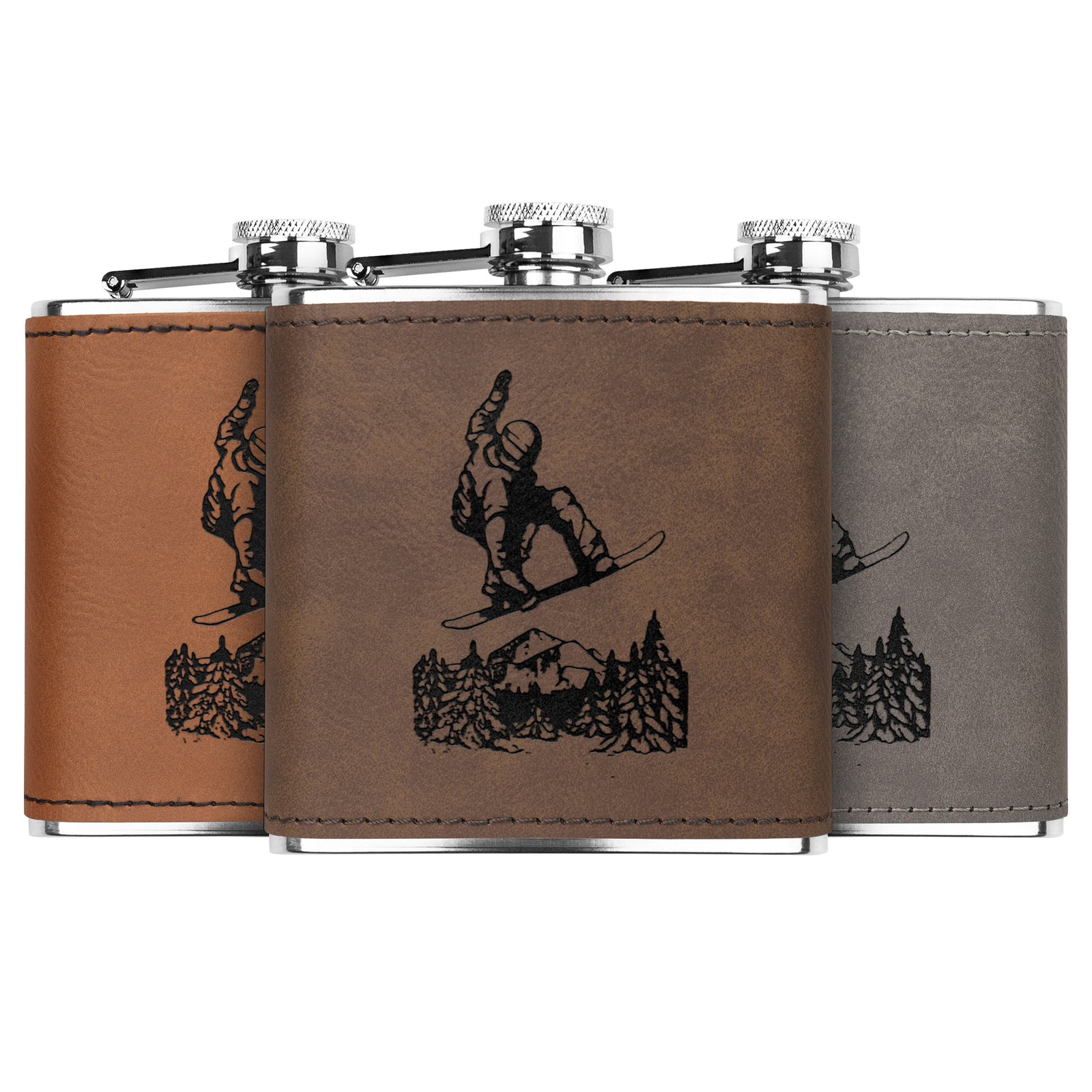 SNOWBOARD FLASKS WITH HAND DYED ENGRAVED LEATHER WRAP - STAINLESS STEEL FLASK