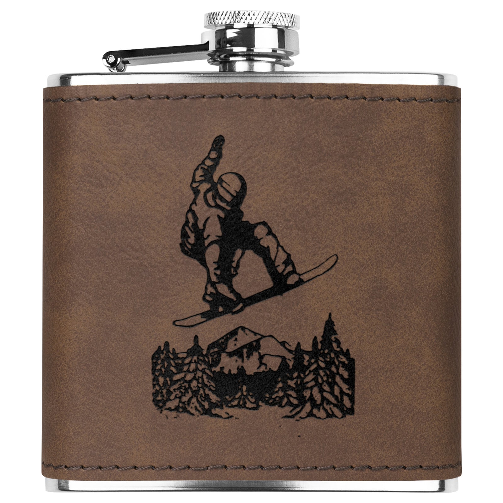 SNOWBOARD FLASKS WITH HAND DYED ENGRAVED LEATHER WRAP - STAINLESS STEEL FLASK