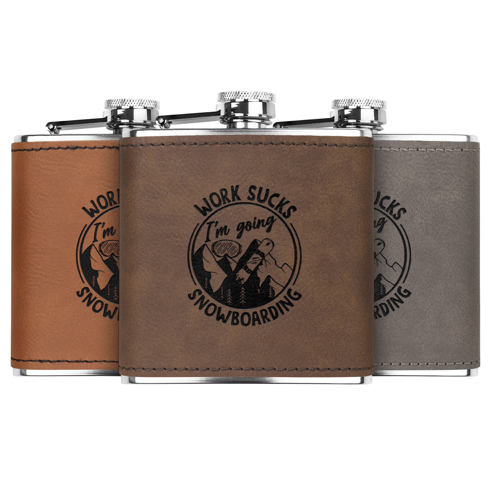 SNOWBOARD FLASKS WITH HAND DYED ENGRAVED LEATHER WRAP - STAINLESS STEEL FLASK