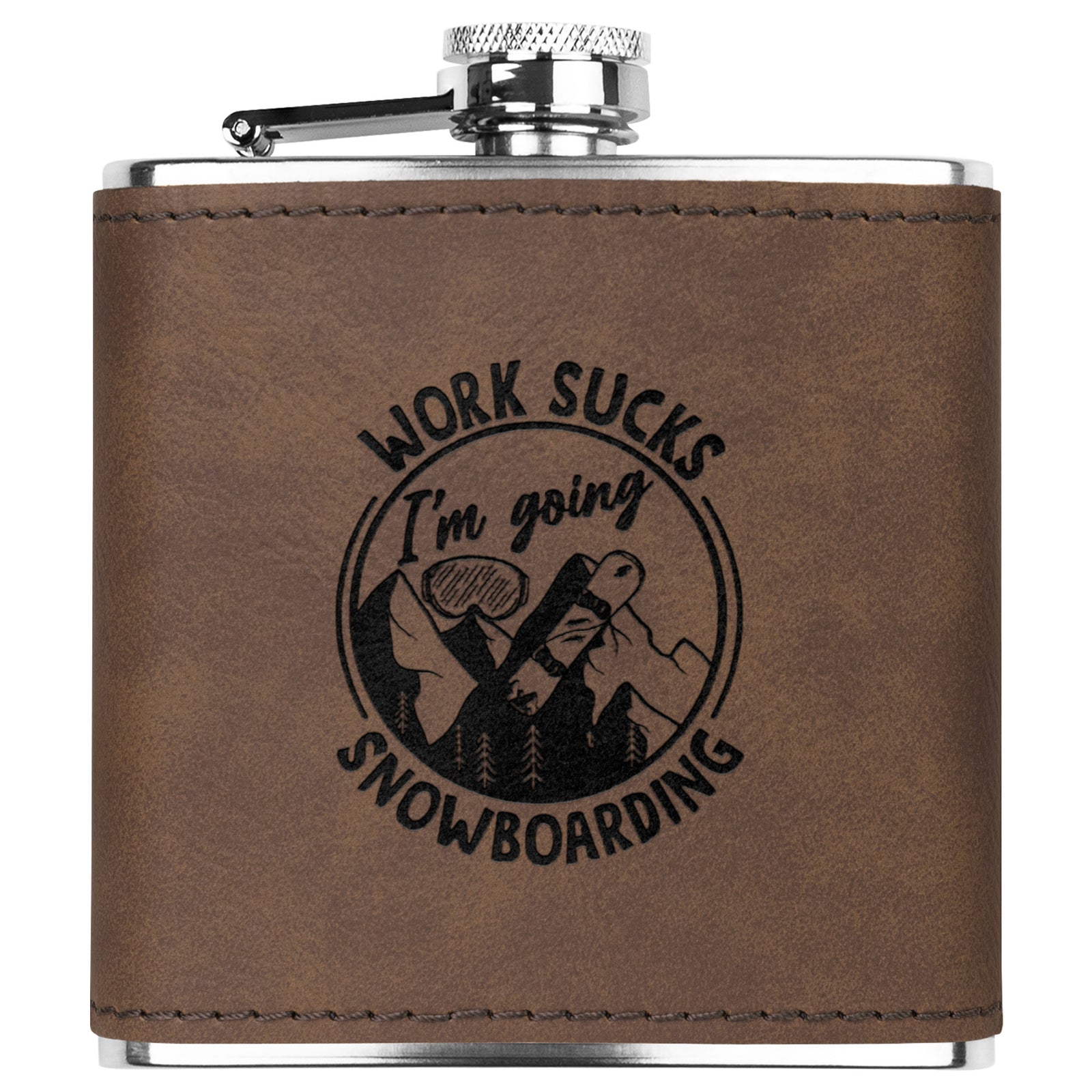 SNOWBOARD FLASKS WITH HAND DYED ENGRAVED LEATHER WRAP - STAINLESS STEEL FLASK
