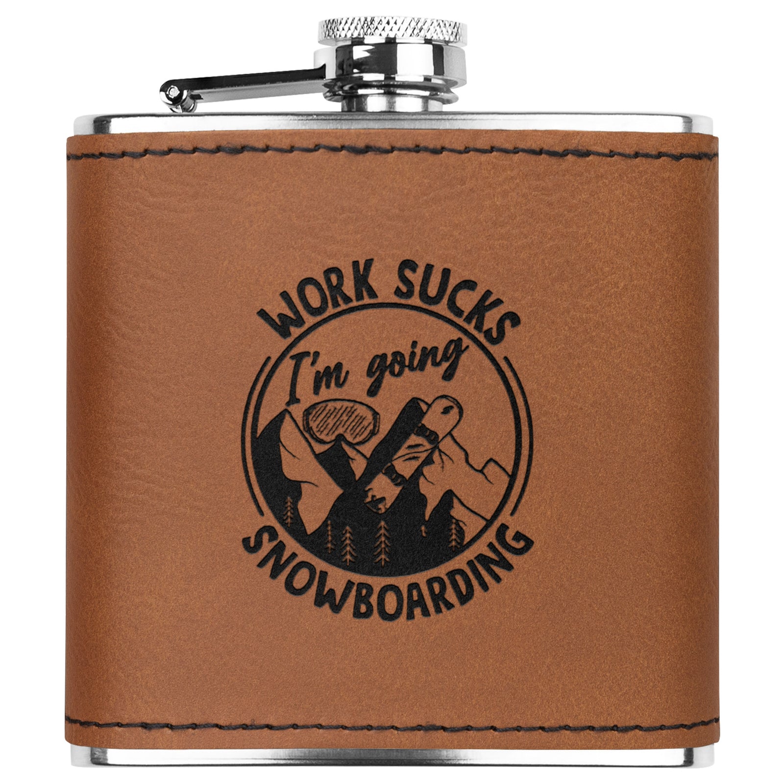 SNOWBOARD FLASKS WITH HAND DYED ENGRAVED LEATHER WRAP - STAINLESS STEEL FLASK