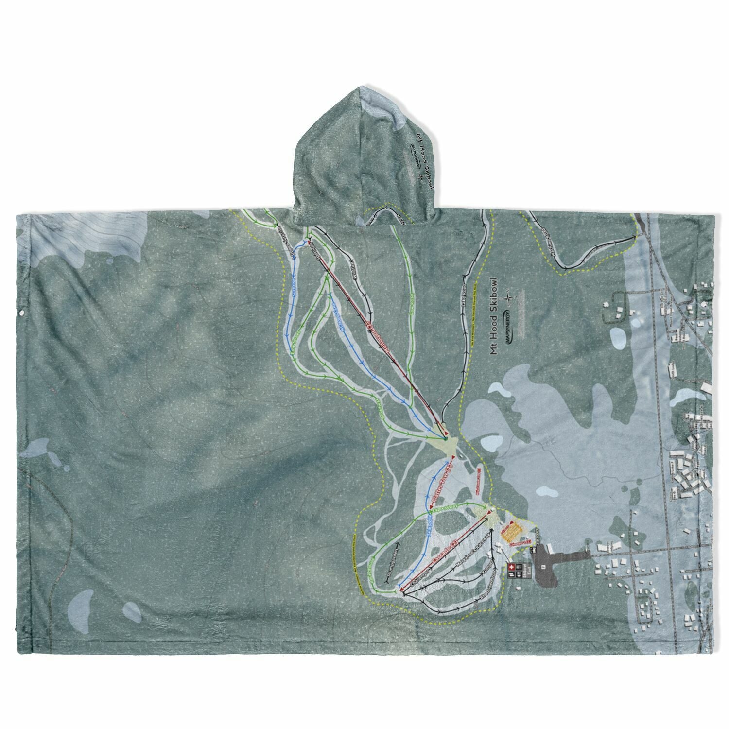 Mt Hood Skibowl, Oregon Ski Resort Map Flannel Blanket Poncho