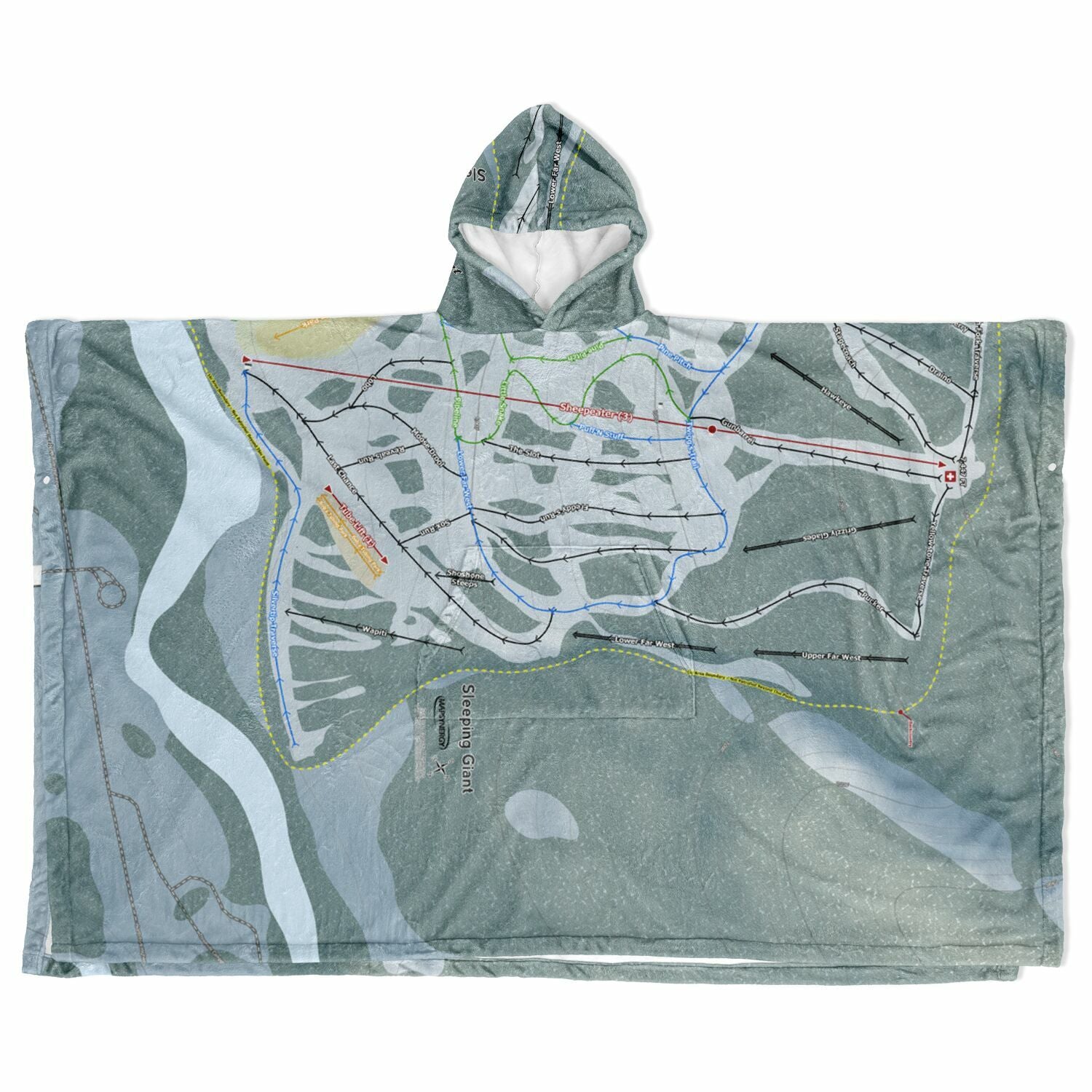 Sleeping Giant, Wyoming Ski Resort Map Flannel Blanket Poncho
