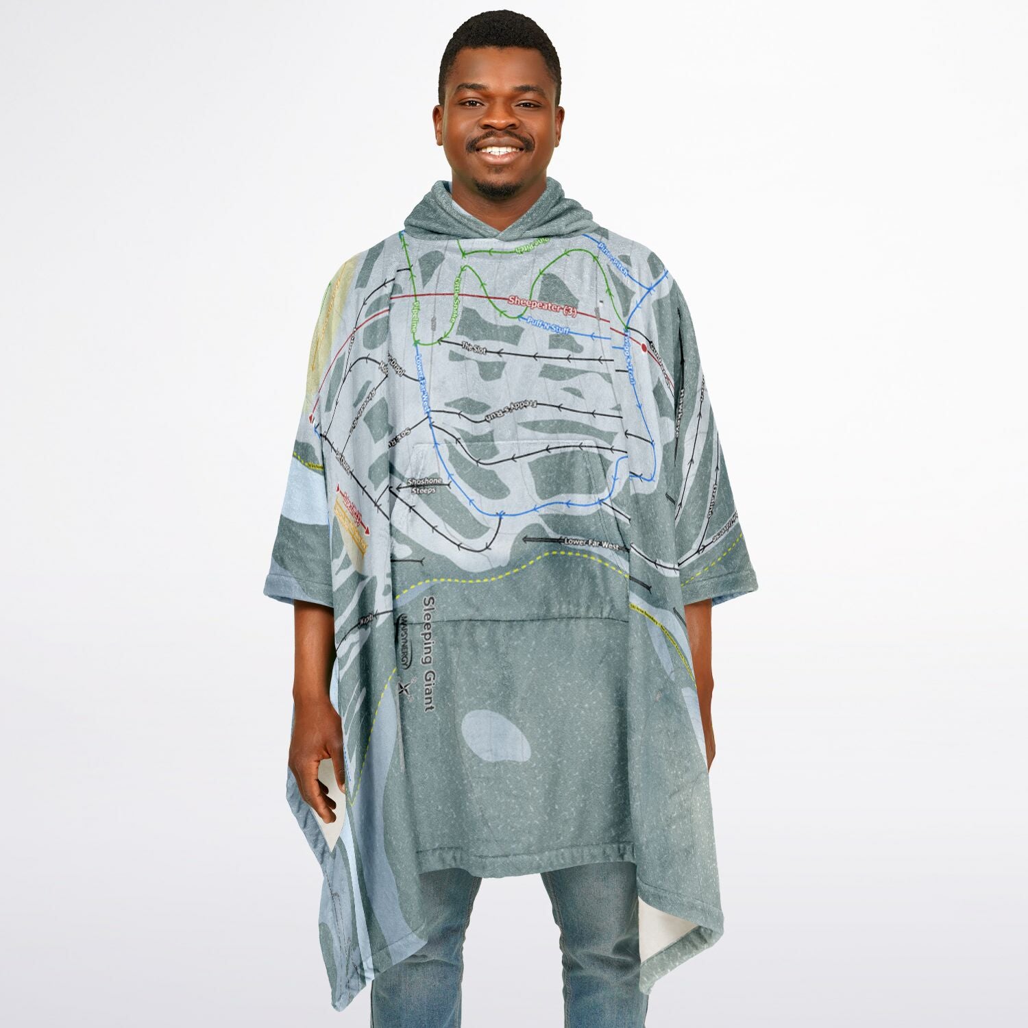 Sleeping Giant, Wyoming Ski Resort Map Flannel Blanket Poncho