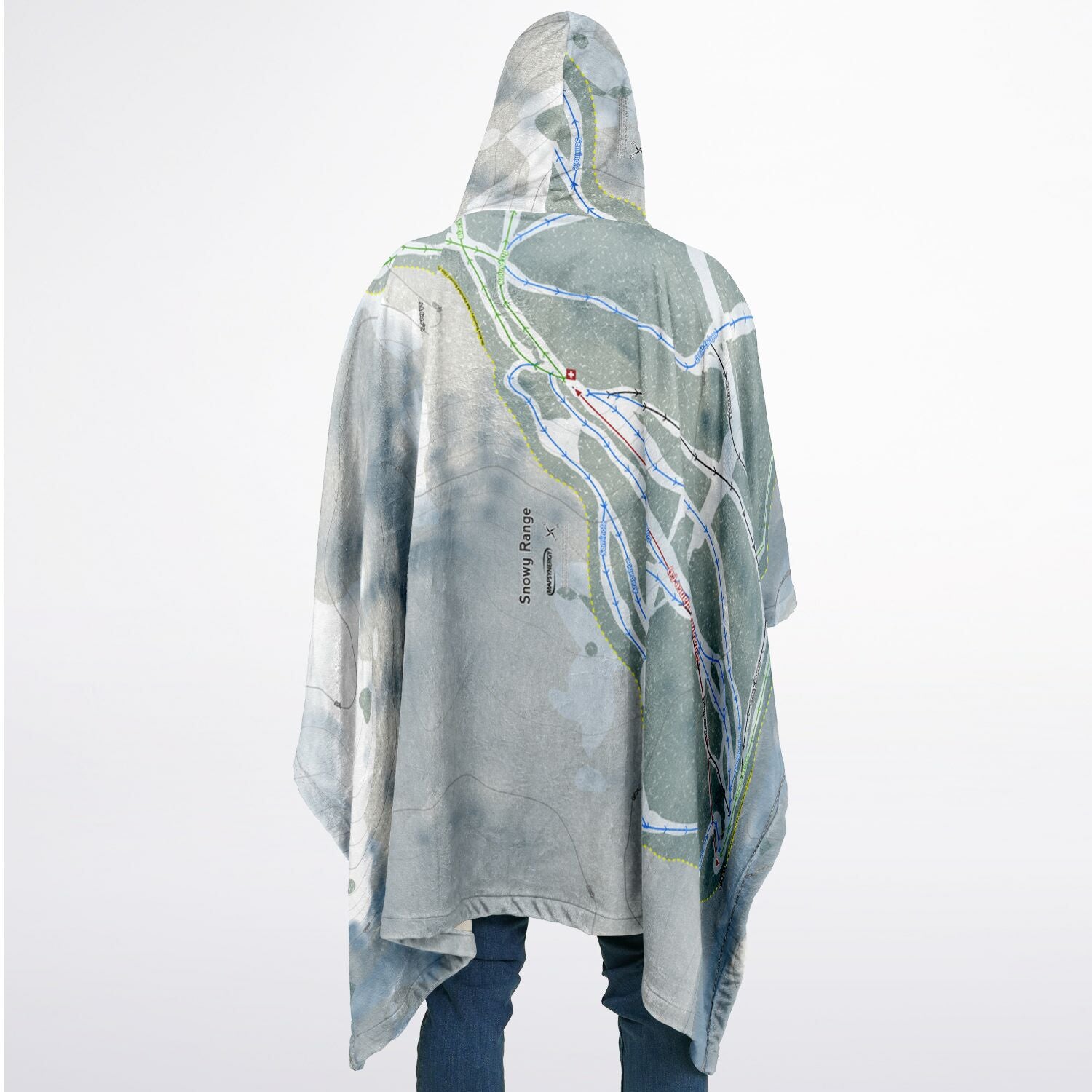 Snowy Range, Wyoming Ski Resort Map Flannel Blanket Poncho