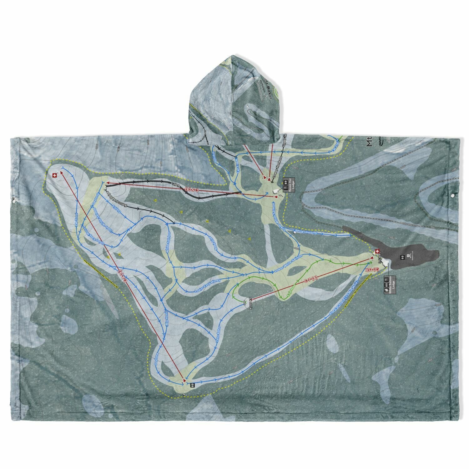 Mt Baker, Washington Ski Resort Map Flannel Blanket Poncho