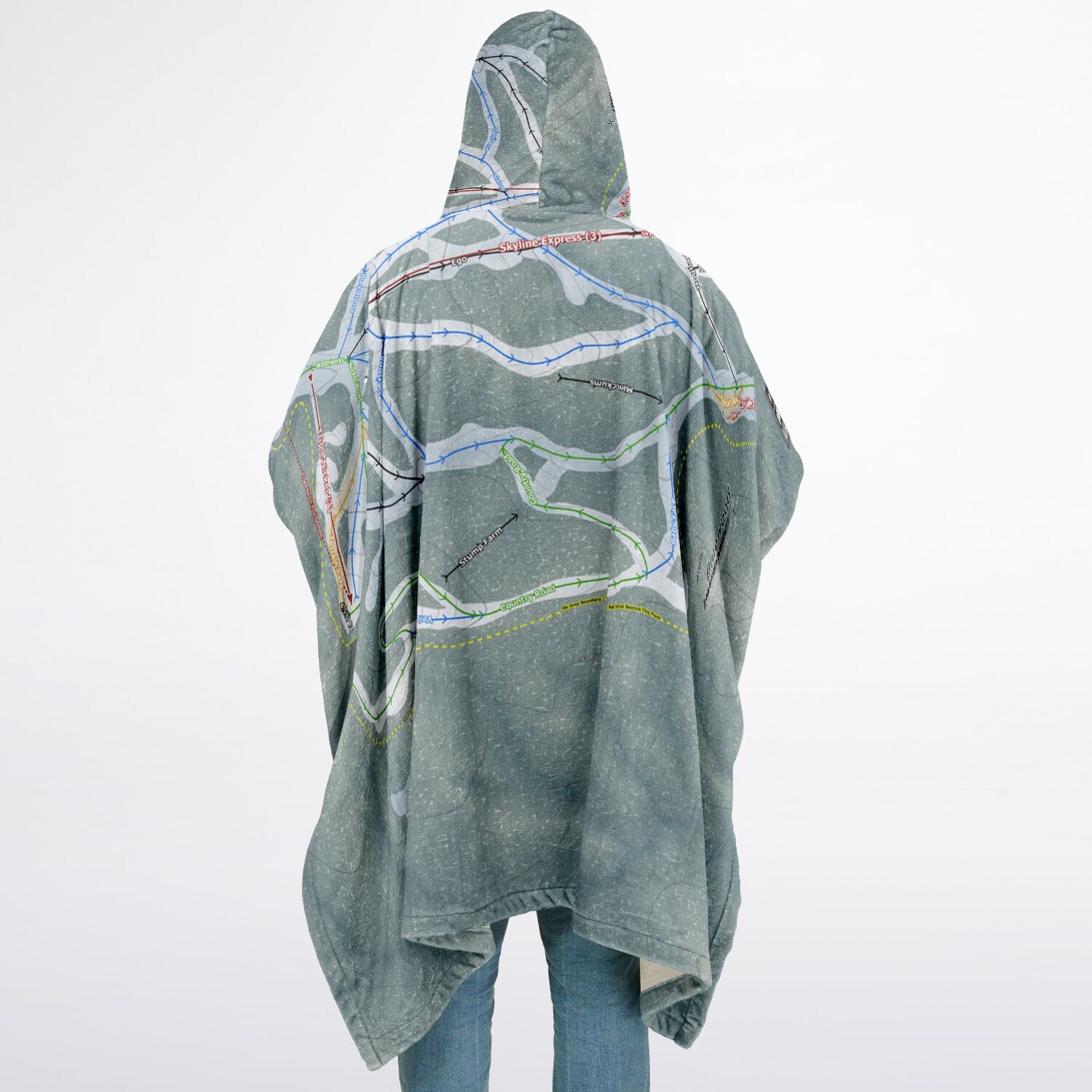Bluewood, Washington Ski Resort Map Flannel Blanket Poncho
