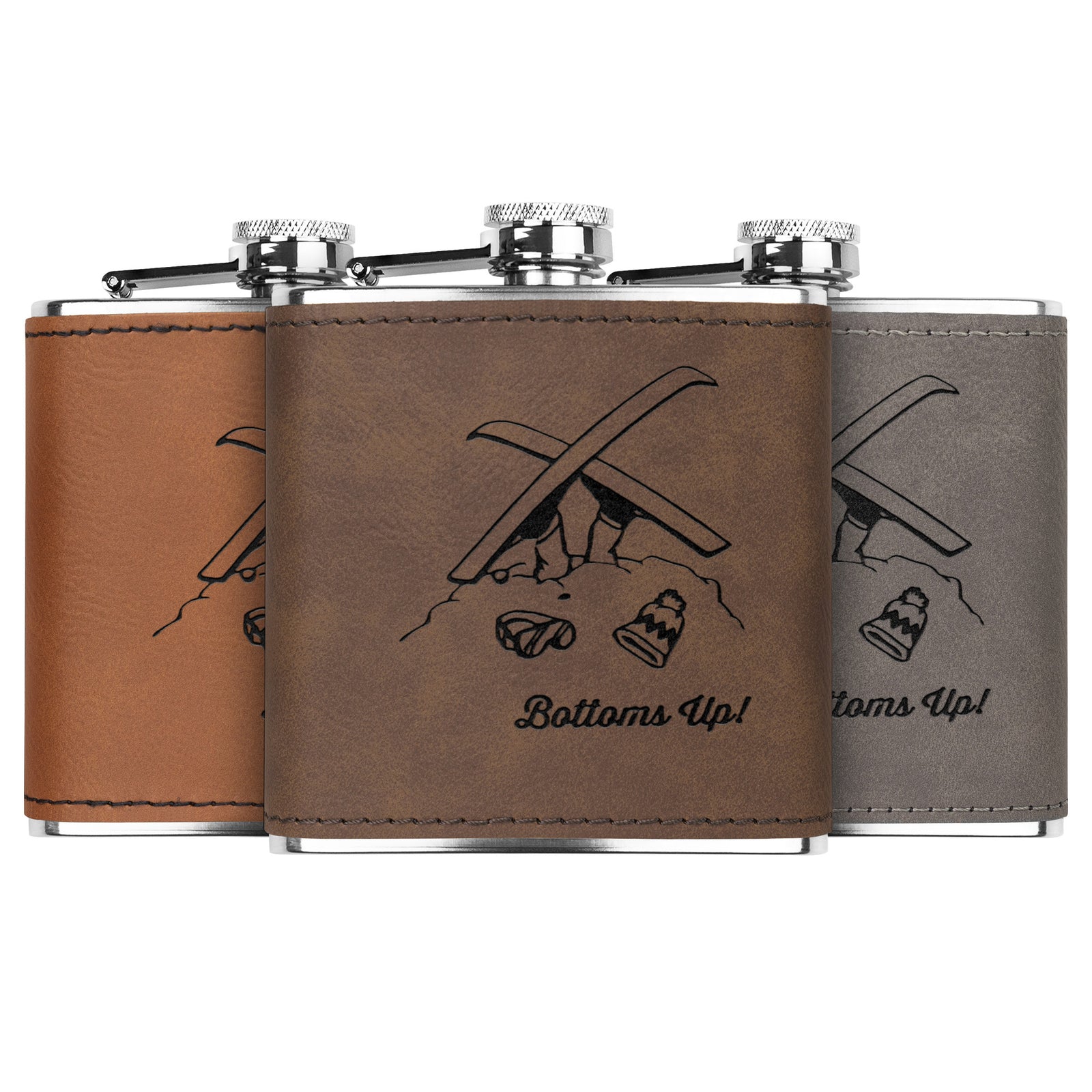 Ski & Snowboard Flasks with Hand Dyed Engraved Leather Wrap - Stainless Steel Flask. Ski Gift, Ski Trip - FREE