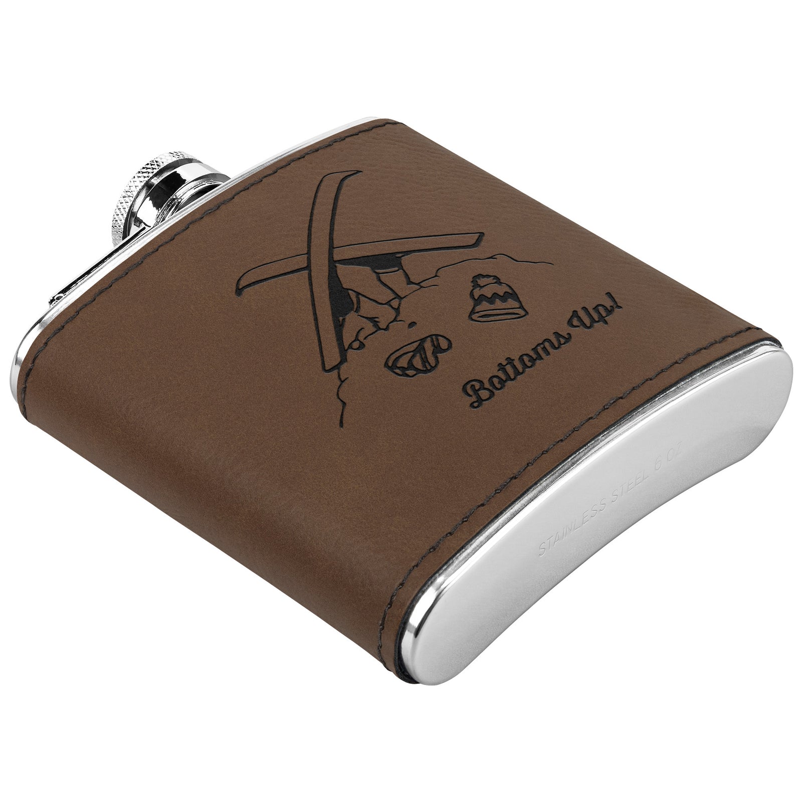 Ski & Snowboard Flasks with Hand Dyed Engraved Leather Wrap - Stainless Steel Flask. Ski Gift, Ski Trip - FREE