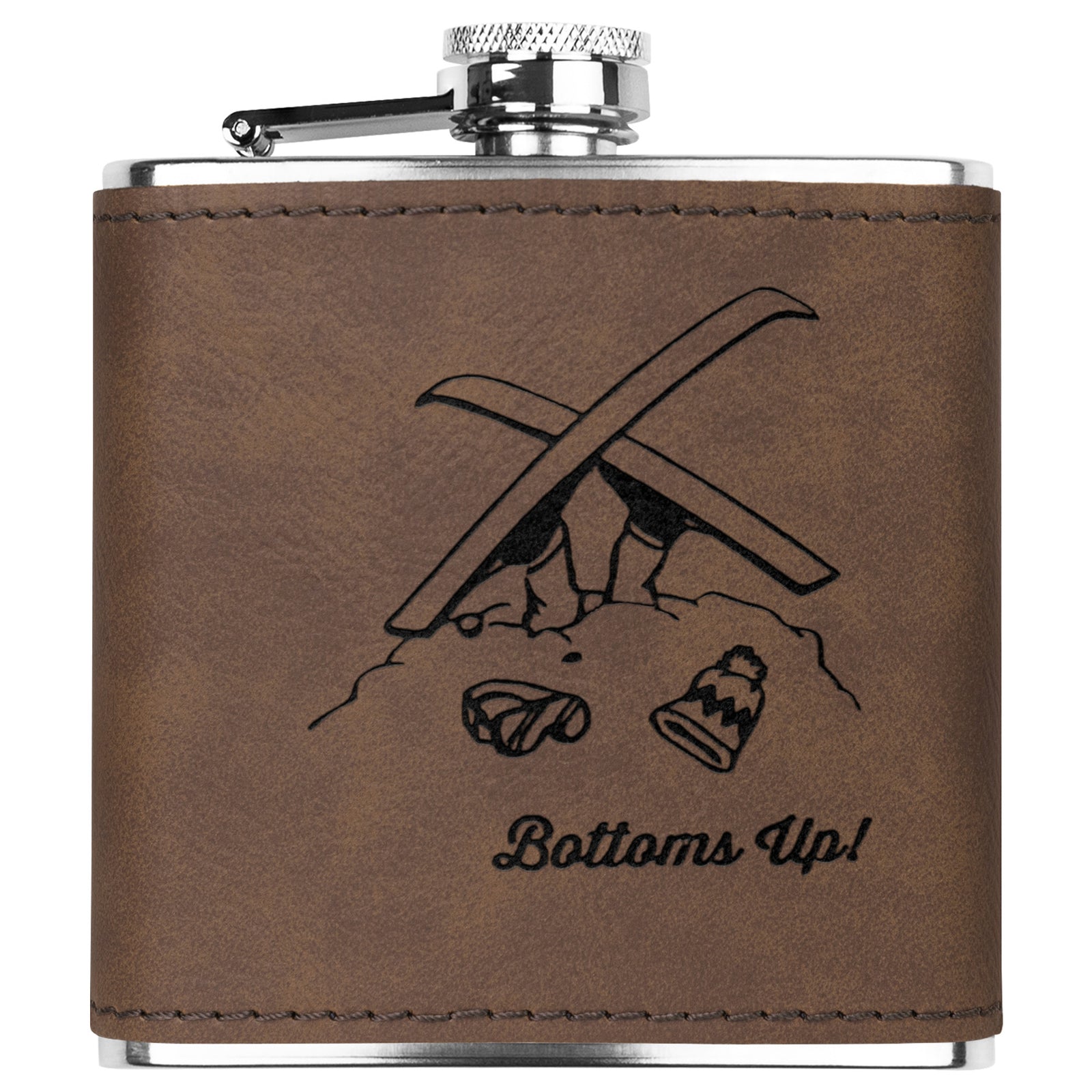 Ski & Snowboard Flasks with Hand Dyed Engraved Leather Wrap - Stainless Steel Flask. Ski Gift, Ski Trip - FREE
