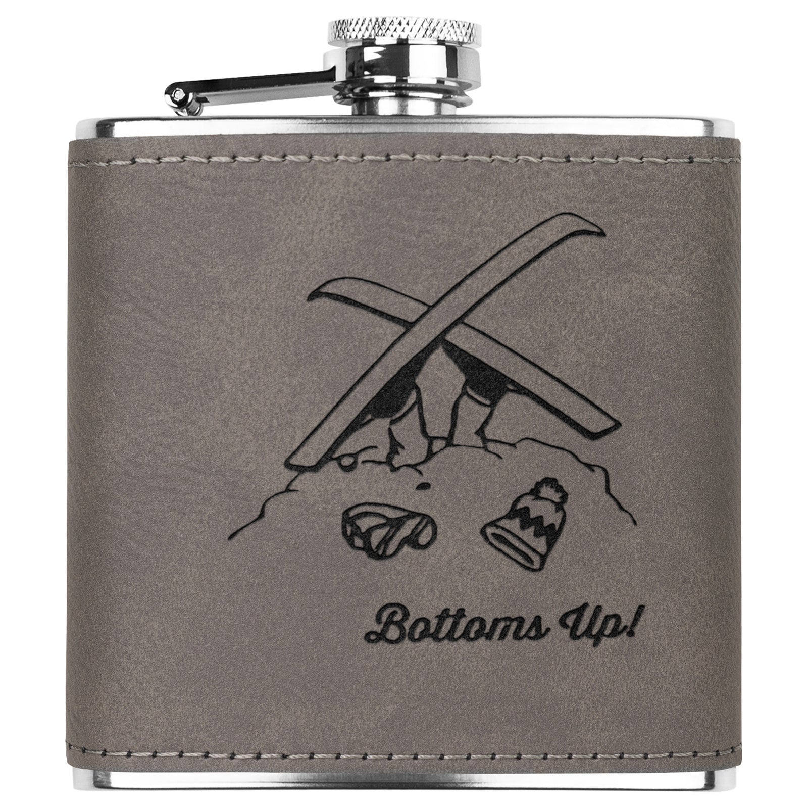 Ski & Snowboard Flasks with Hand Dyed Engraved Leather Wrap - Stainless Steel Flask. Ski Gift, Ski Trip - FREE