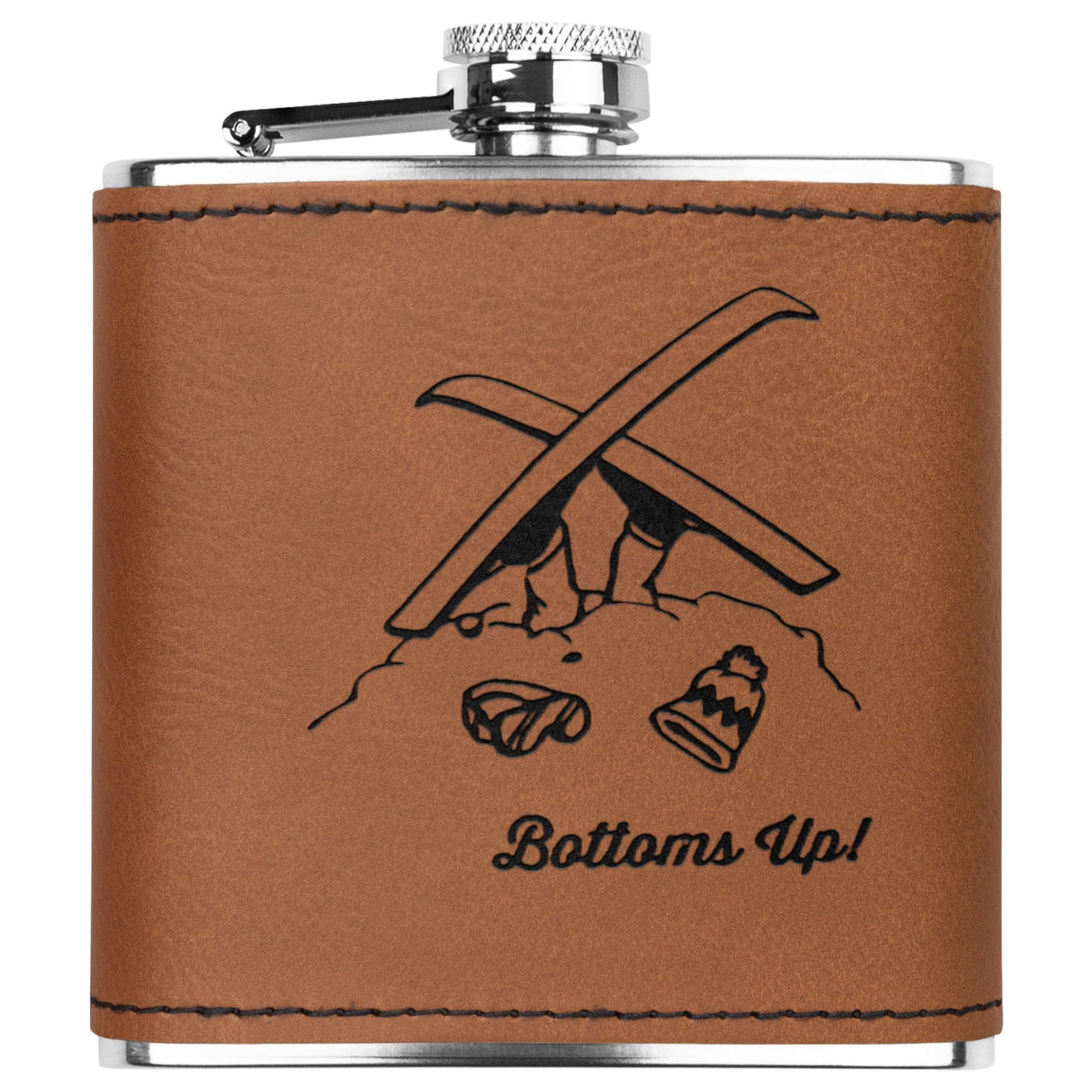 Ski & Snowboard Flasks with Hand Dyed Engraved Leather Wrap - Stainless Steel Flask. Ski Gift, Ski Trip - FREE