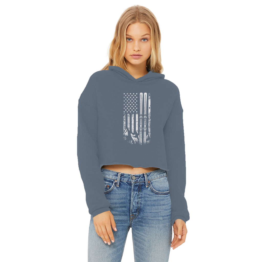 USA Ski Flag Ladies Cropped Raw Edge Hoodie - Powderaddicts