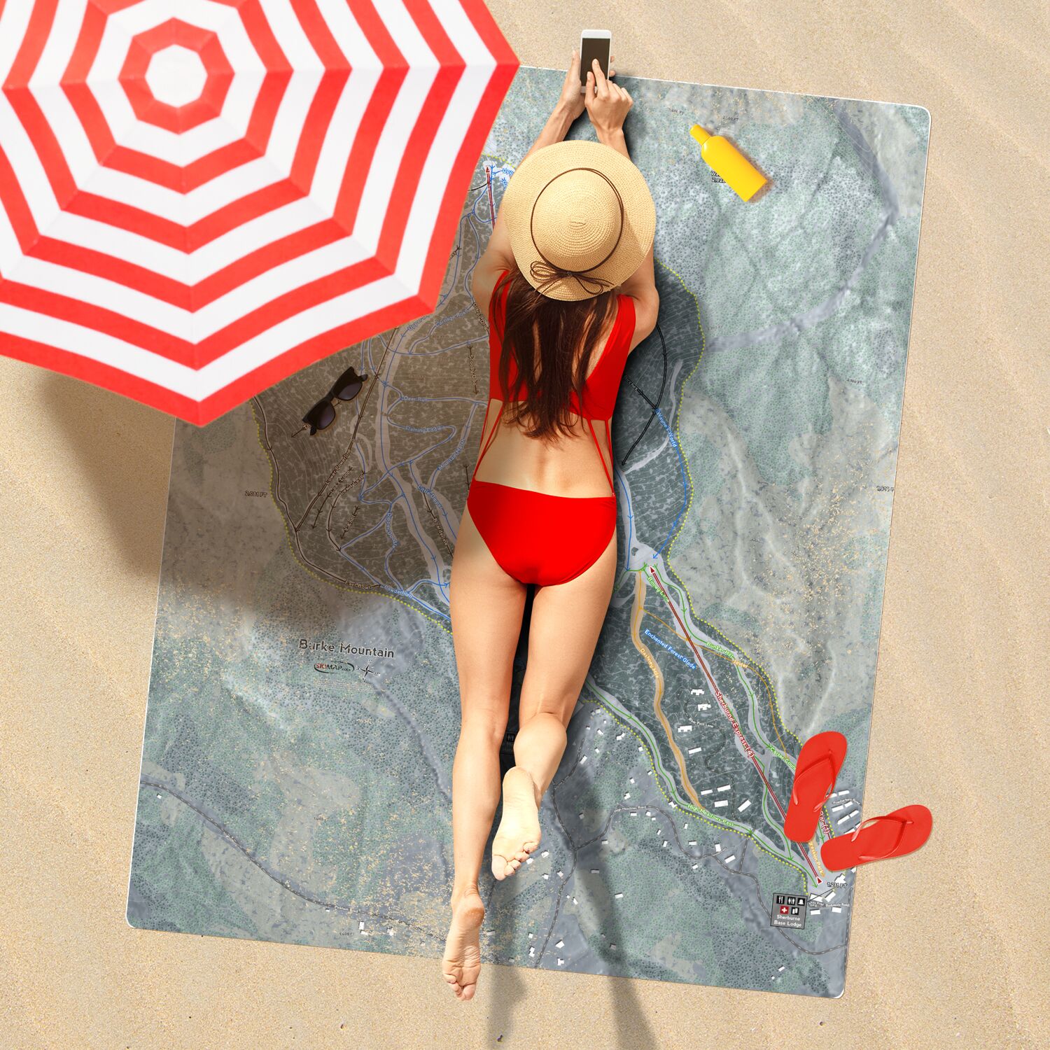 Burke Mountain, Vermont Ski Resort Map Printed Beach Towel - Powderaddicts