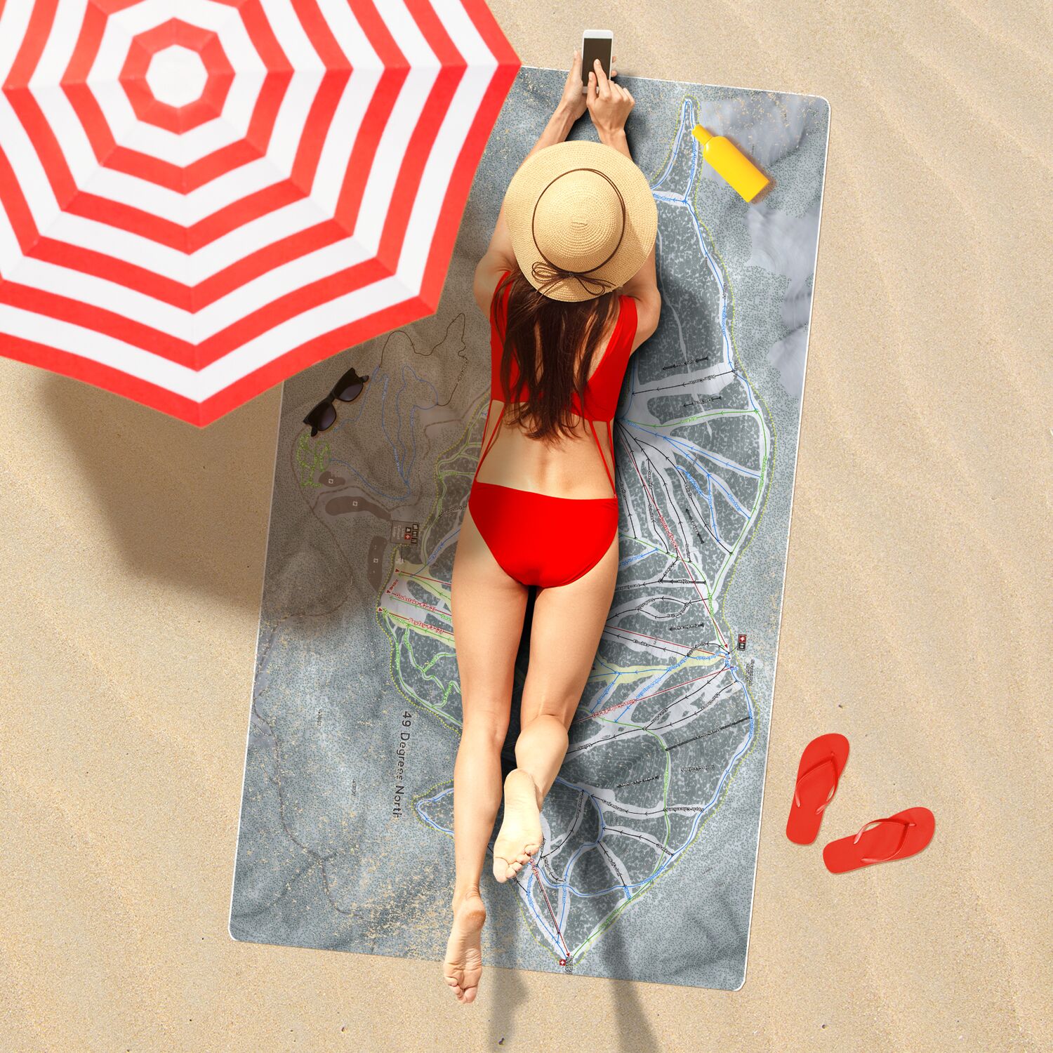 49 Degrees North, Washington Ski Resort Map Printed Beach Towel - Powderaddicts