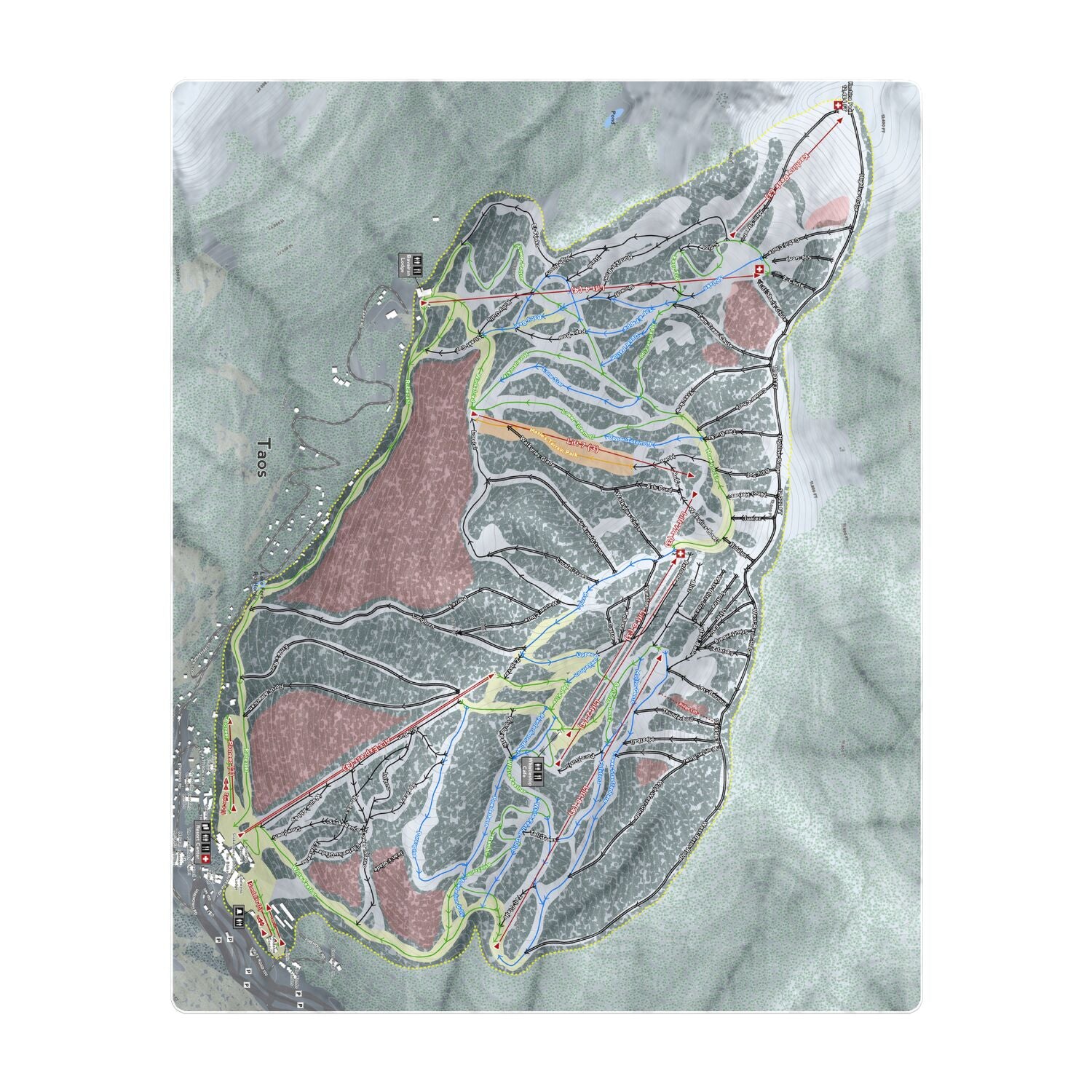 Taos, New Mexico Ski Resort Map Printed Beach Towel - Powderaddicts